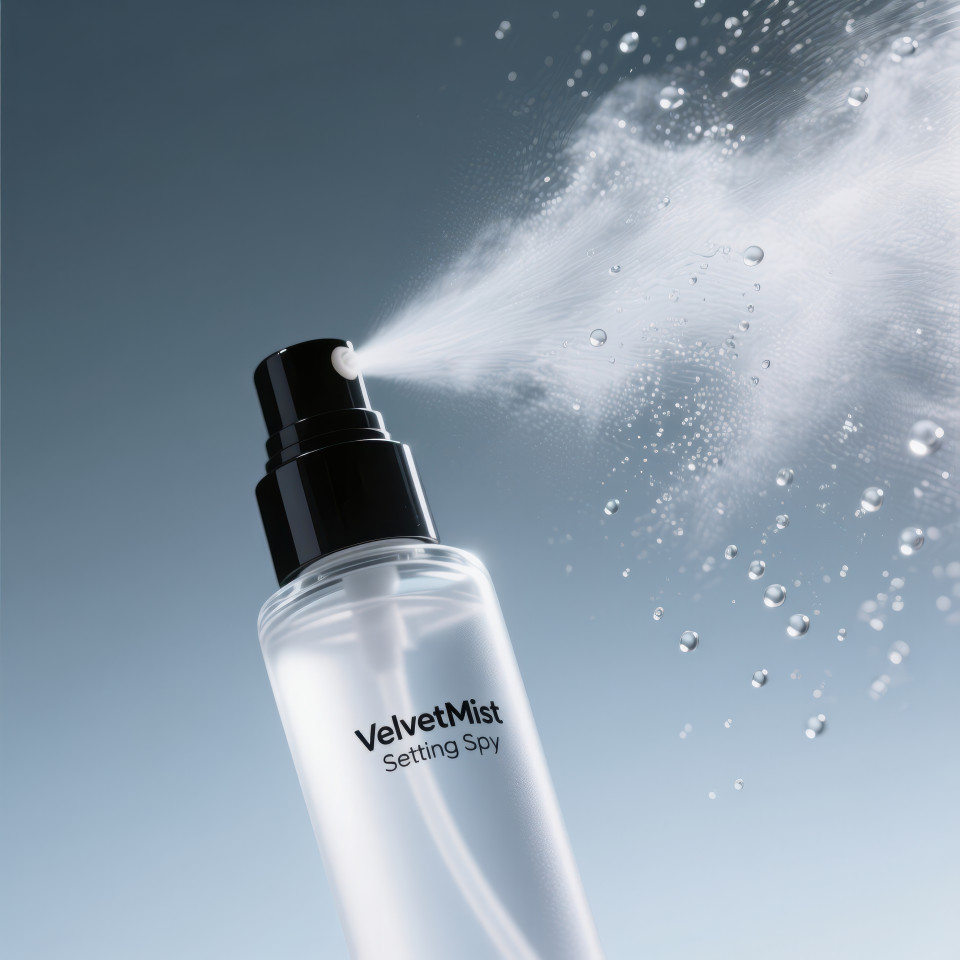 Setting spray bottle mid spray releasing fine mist droplets, sleek frosted design with glowing highlights, premium beauty shot, cosmetic products chat gpt prompts