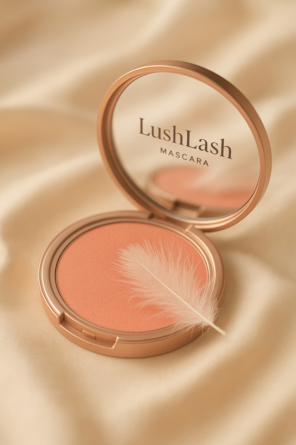 Soft blush compact touched by white feather, coral pink powder texture with dreamy glow on silk folds, luxury beauty vibe, cosmetic products chat gpt prompts