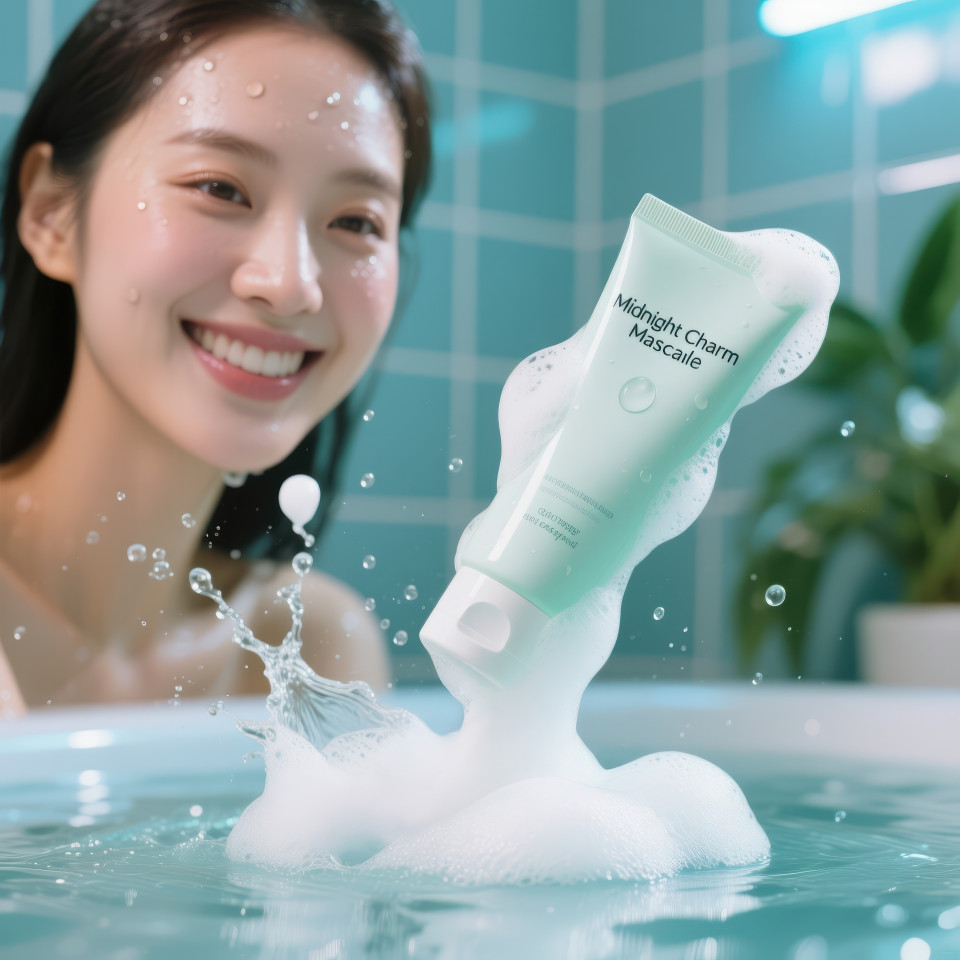 Foaming cleanser tube with airy foam and dynamic water splash, fresh spa mood with soft droplets and greenery, skincare refresh, cosmetic products chat gpt prompts