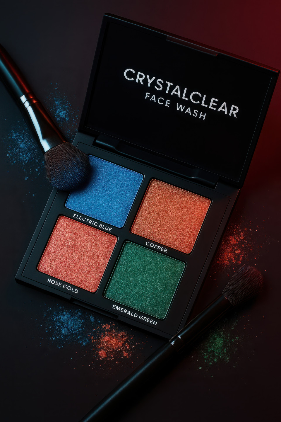 Vibrant eyeshadow palette with crushed pigments in bold colors, scattered brushes on dark backdrop, playful artistry, cosmetic products chat gpt prompts