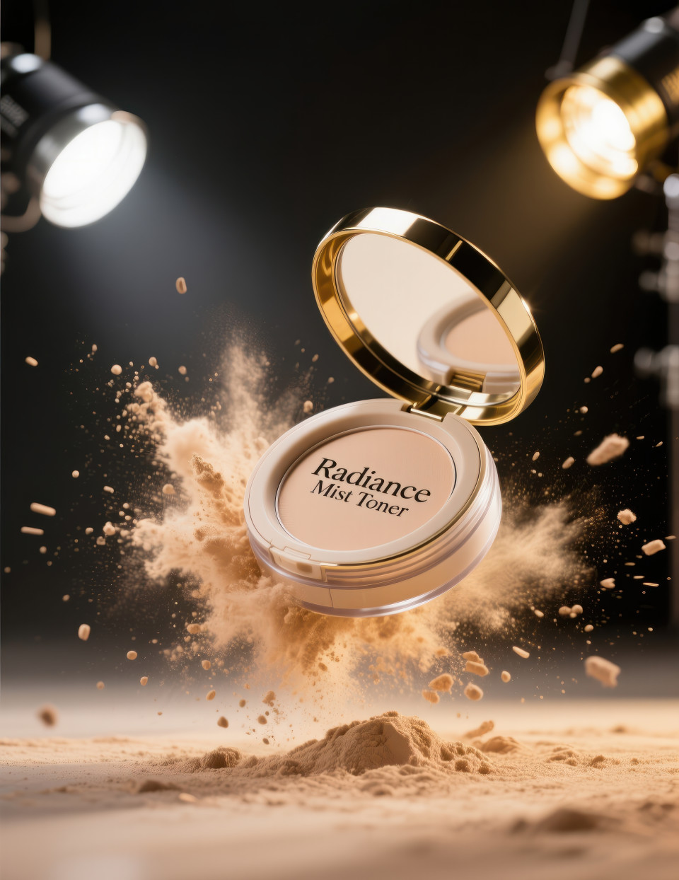 Compact face powder mid air with dramatic golden powder explosion over dark background, luxury makeup energy captured, cosmetic products chat gpt prompts