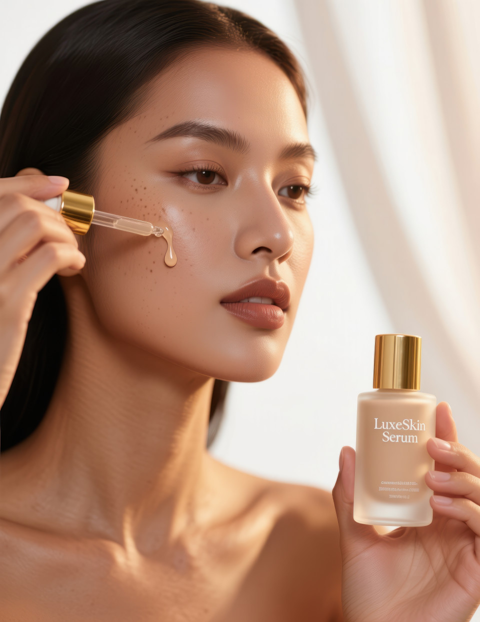 Woman applying liquid foundation with dropper to cheek, glowing skin in close up with frosted glass bottle in hand, cosmetic products chat gpt prompts