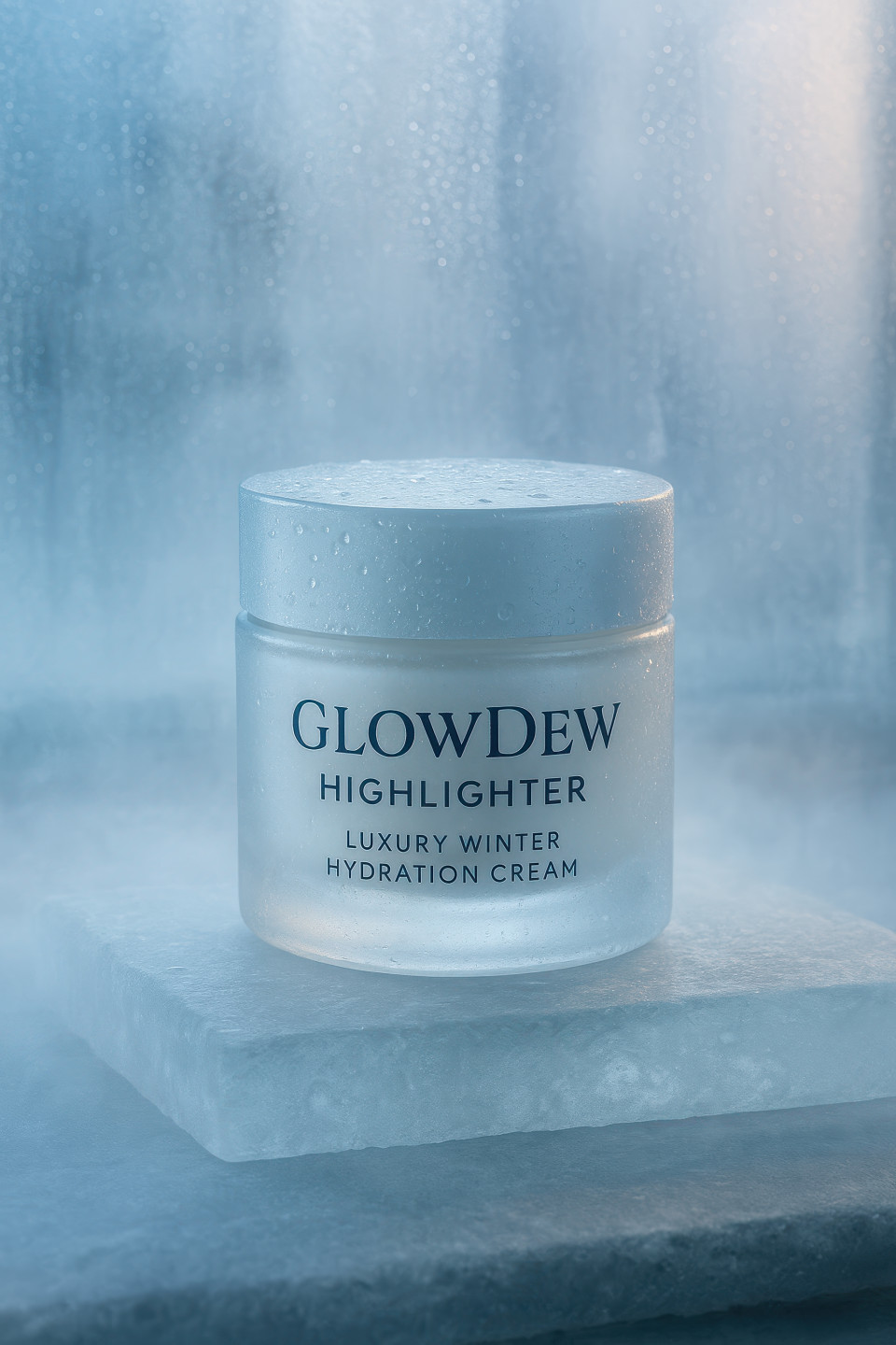 Luxury winter hydration cream jar on frosted glass with cold mist and condensation, glowing blue light, skincare elegance, cosmetic products chat gpt prompts