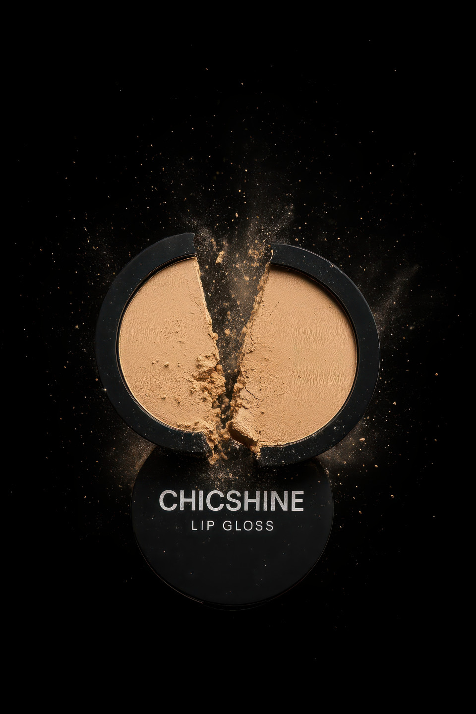 Compact powder breaking mid air with dust particles frozen in motion, bold edgy beauty campaign design, cosmetic products chat gpt prompts