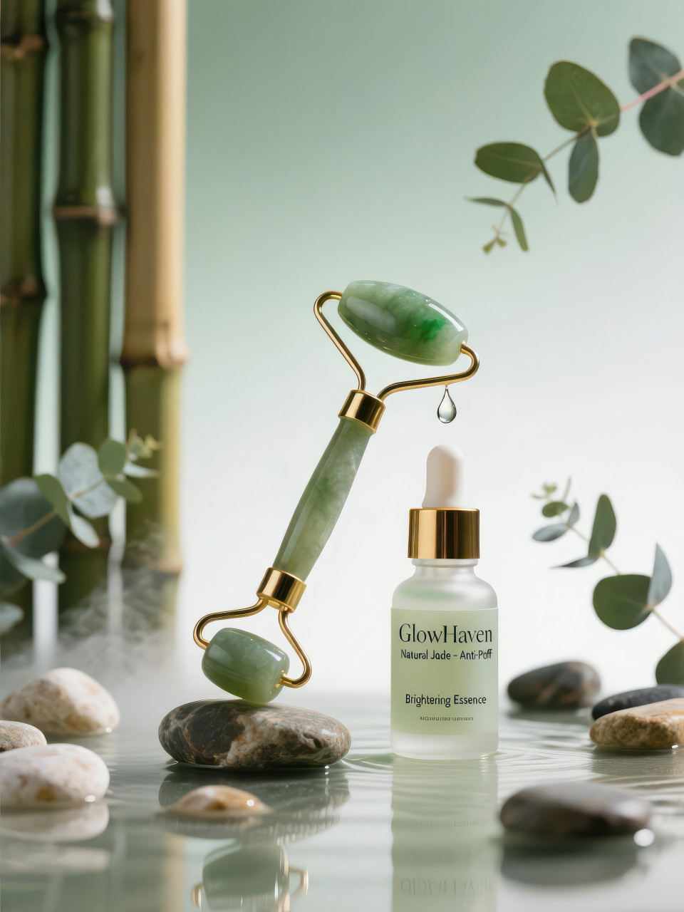 Serene jade roller with golden handles and serum dropper suspended droplet on bamboo and eucalyptus spa setting, cosmetic products chat gpt prompts