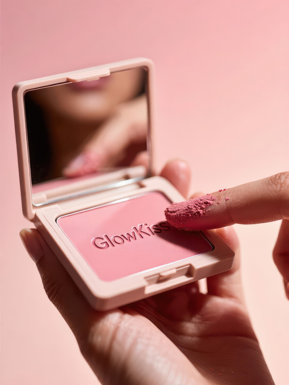 Hand swatching rosy pink blush compact with soft gradient backdrop, warm glam lighting, visible powder texture, cosmetic products chat gpt prompts