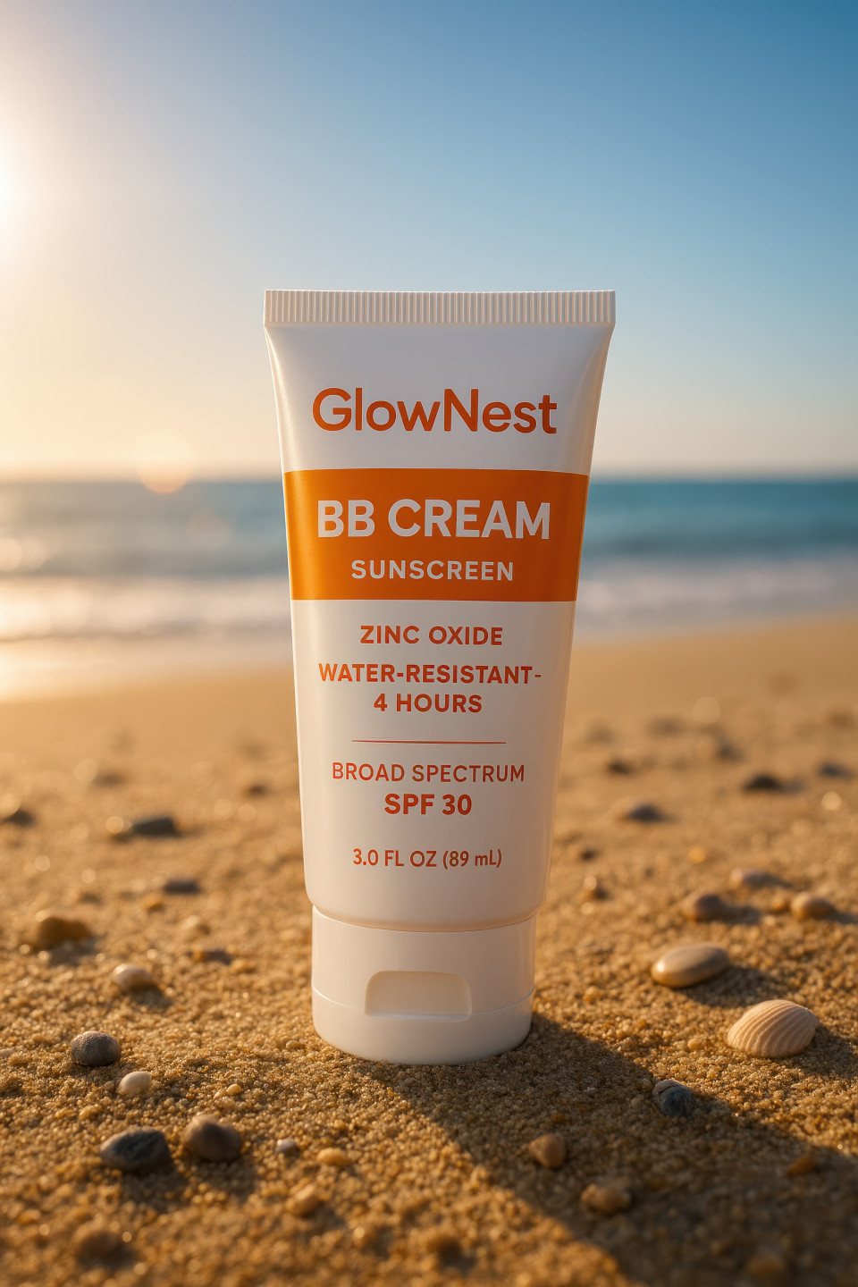 White sunscreen cream tube standing on sandy beach with seashells and pebbles under golden sunlight, ocean in background, summer skincare, cosmetic products chat gpt prompts