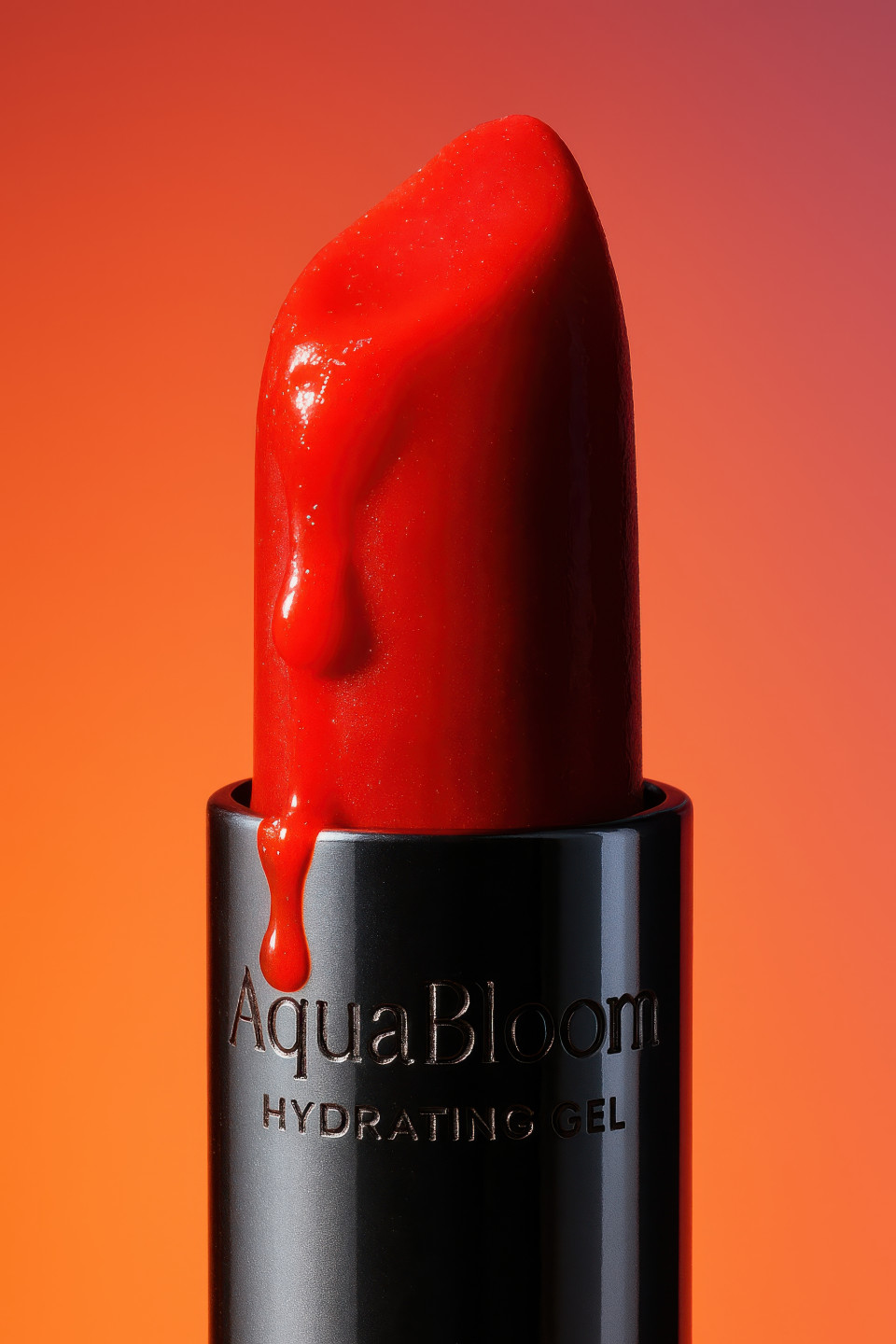 Red lipstick bullet melting at tip under hot light with silver base reflecting bold colors, orange pink background glowing heat, beauty makeup, cosmetic products chat gpt prompts