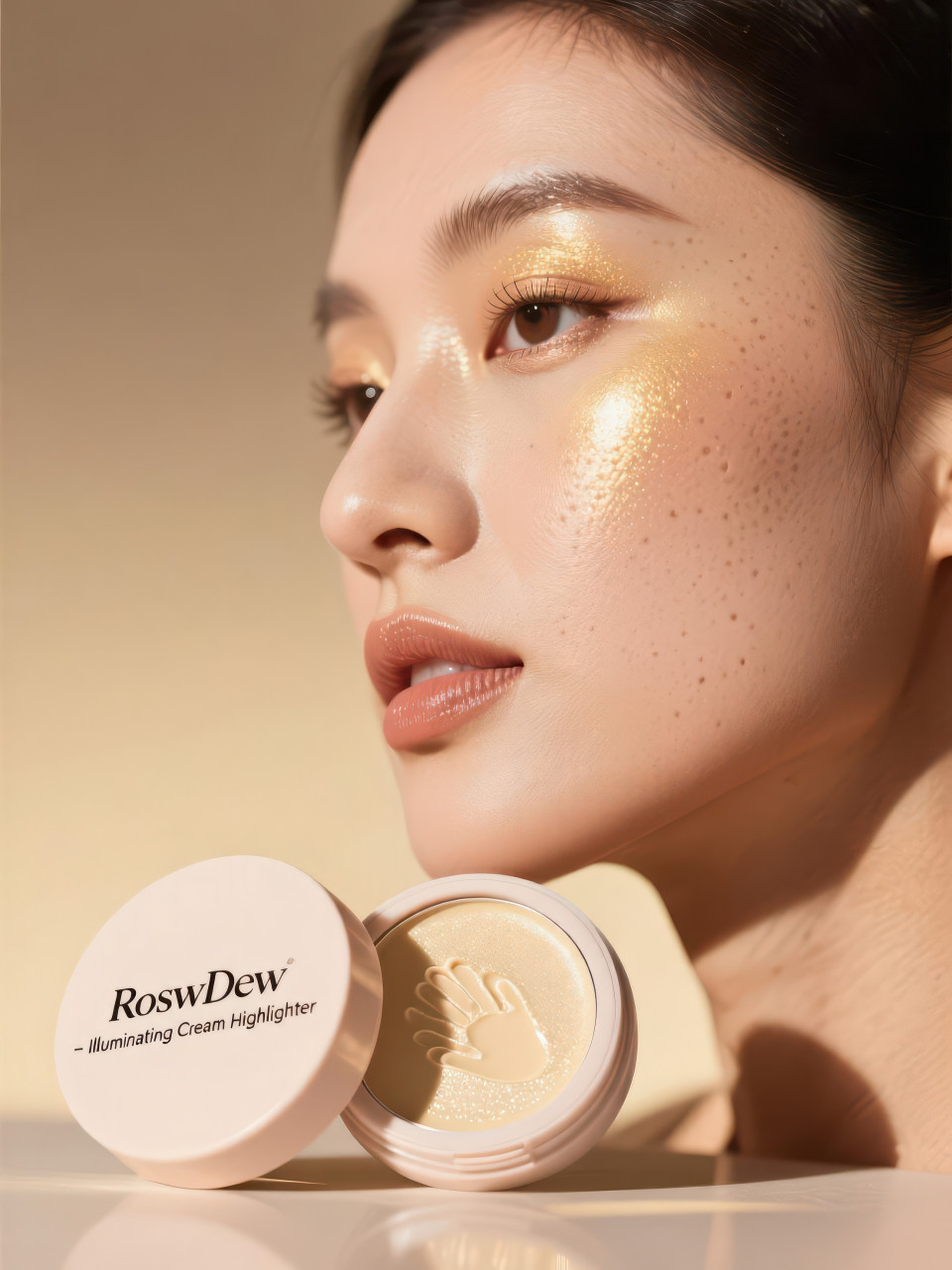Glowing cheekbone highlighted with cream shimmer, compact case open in foreground, golden light beauty concept, cosmetic products chat gpt prompts