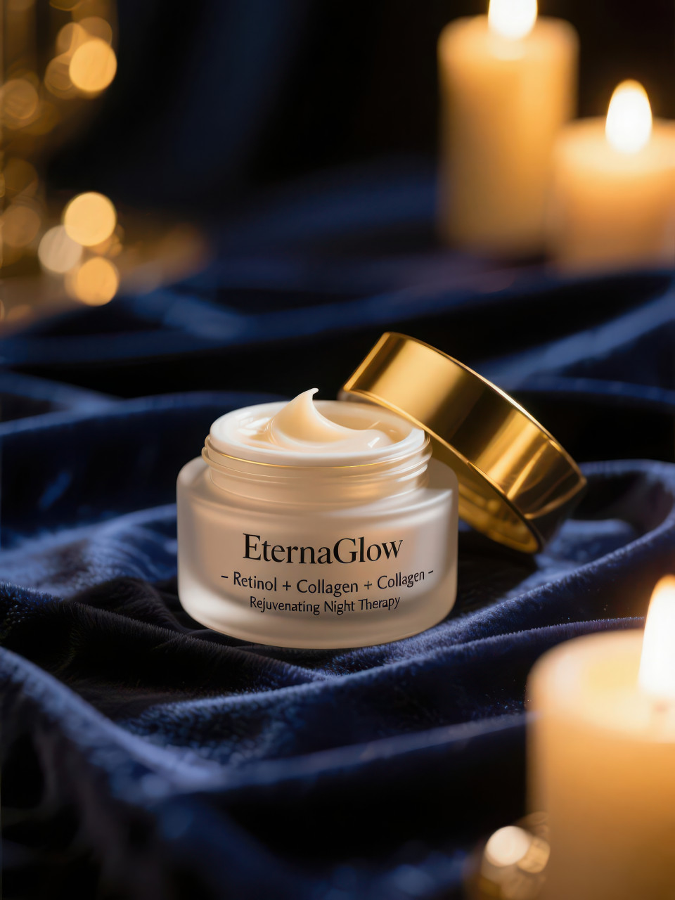 Luxurious night cream jar with golden lid on navy velvet backdrop, warm candlelight glow, skincare and spa scene, cosmetic products chat gpt prompts