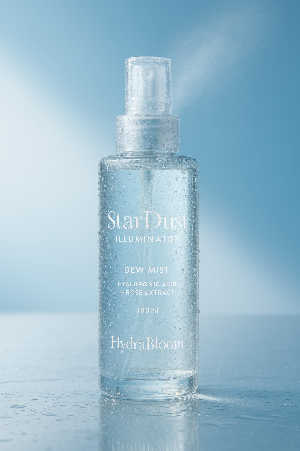Clear spray bottle with fresh water droplets on glass surface, soft daylight glow, pastel blue backdrop, hydration skincare concept, cosmetic products chat gpt prompts