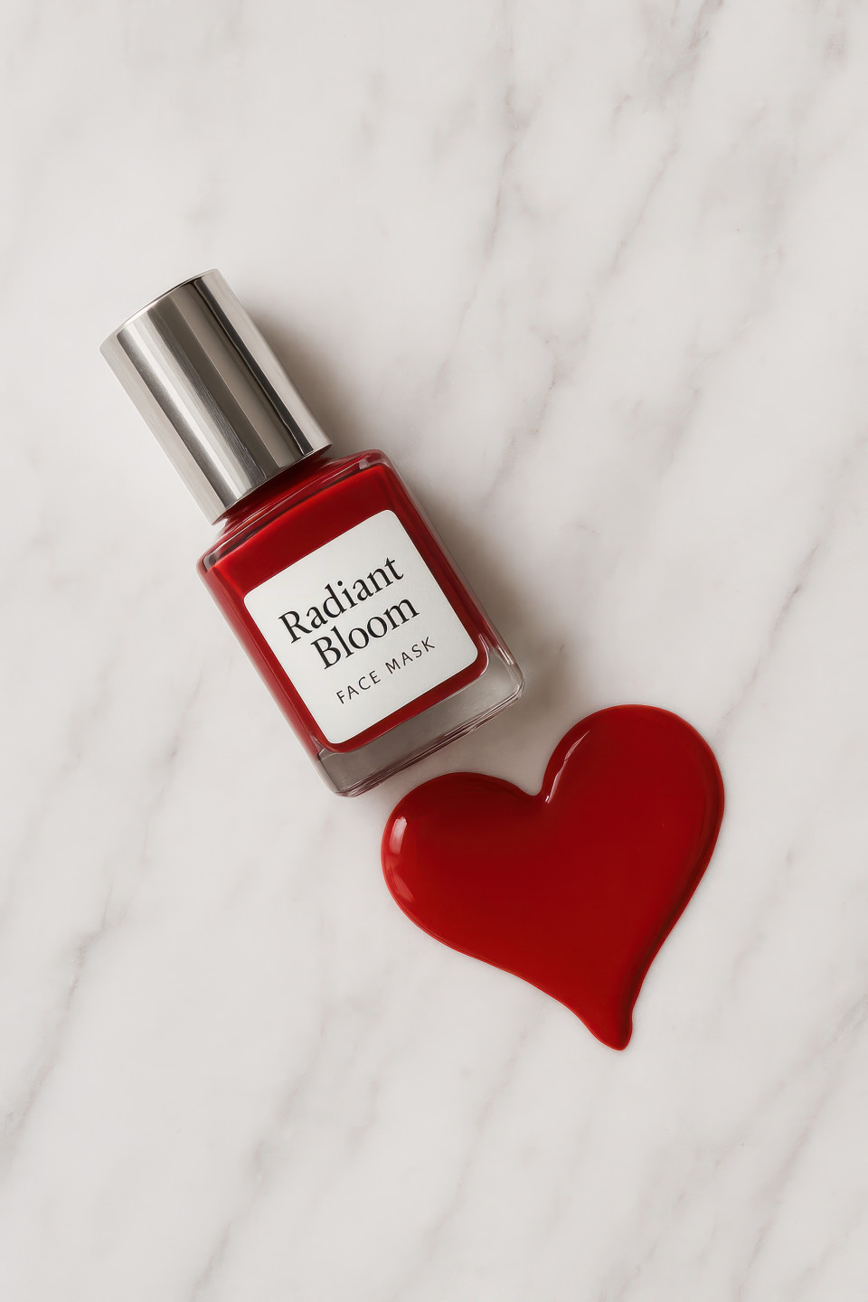 Nail polish bottle spilling red varnish into heart shape on marble slab, love elegance valentine beauty theme, cosmetic products chat gpt prompts