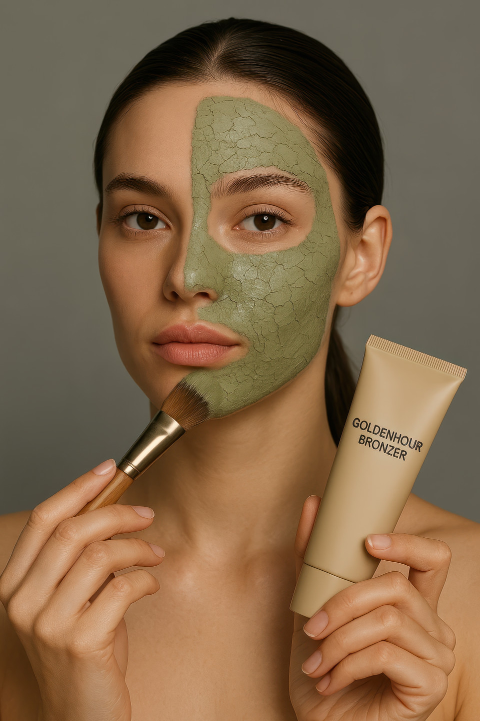 Model applying green clay mask with brush, half face covered, natural cracks forming, spa healing mood, wellness beauty, cosmetic products chat gpt prompts