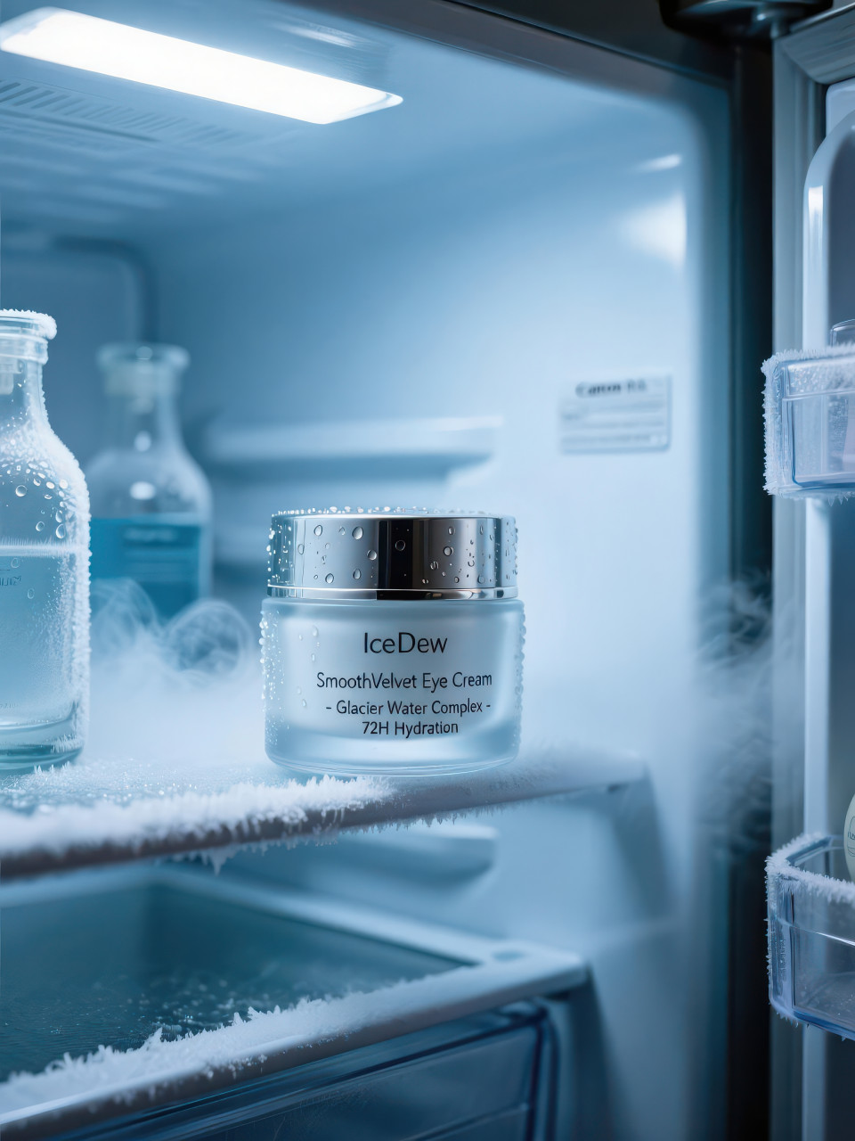 Frosted glass moisturizer jar with silver lid inside cool fridge, icy mist rising, condensation and hydration skincare scene, cosmetic products chat gpt prompts