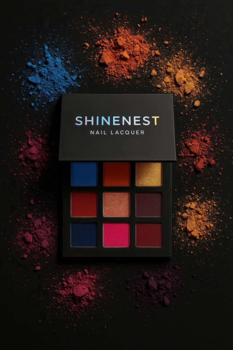 Bold flat lay of open eyeshadow palette with vibrant crushed pigments scattered on black backdrop, colorful makeup concept, cosmetic products chat gpt prompts