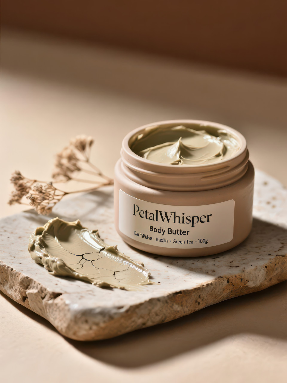 Clay mask jar on handmade ceramic slab with rich textured smear and dried botanicals, earthy skincare scene, cosmetic products chat gpt prompts