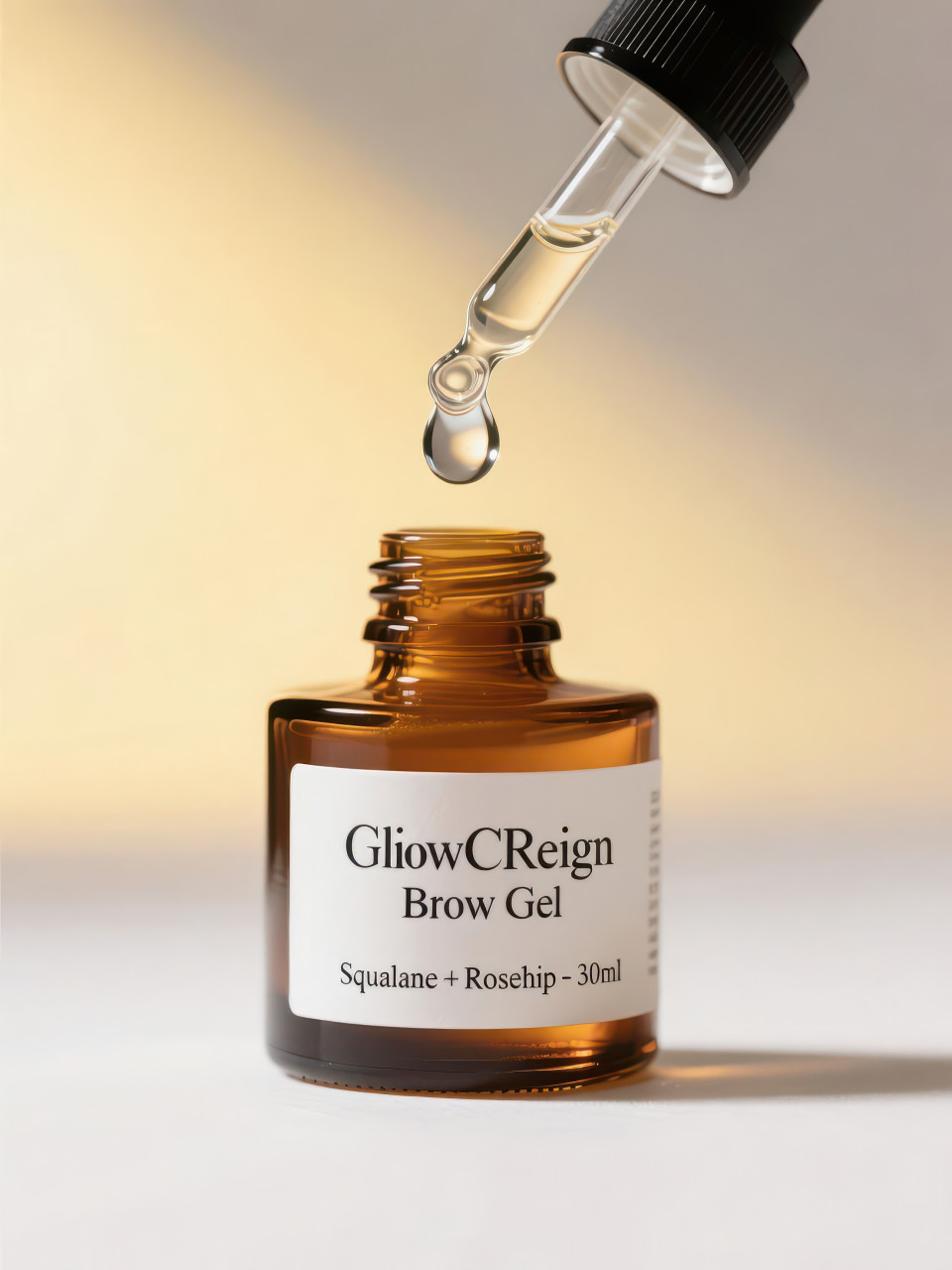 Facial oil bottle with glass dropper releasing suspended droplet in mid air against glowing white backdrop, clean luxury look, cosmetic products chat gpt prompts