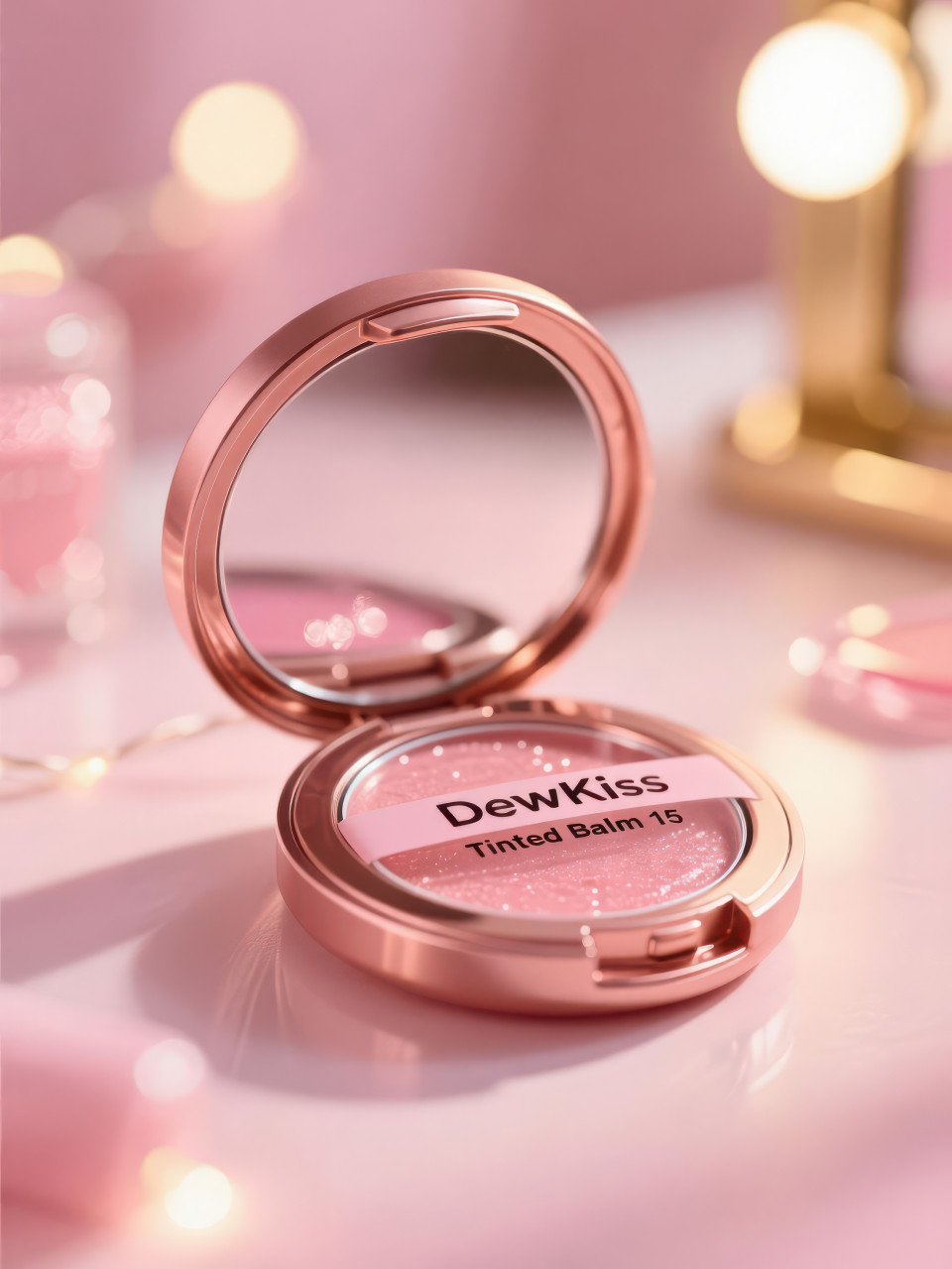 Rose gold compact lip balm with mirror reflecting soft lights, dreamy feminine style and warm bokeh glow, beauty minimalism with cosmetic products chat gpt prompts
