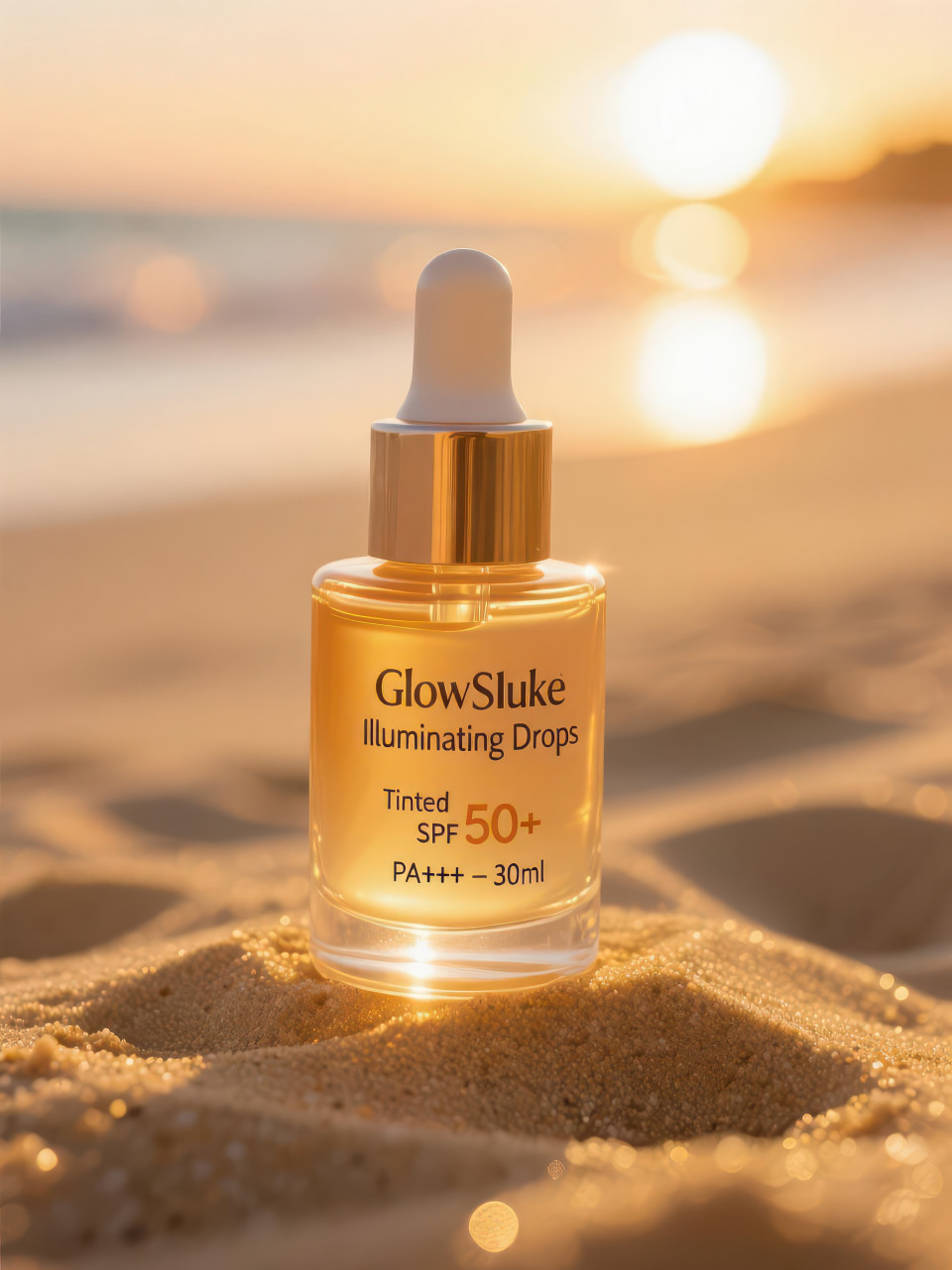 Tinted sunscreen dropper bottle on golden sand glowing at sunset with warm backlight and soft flare, summer skincare vibe, cosmetic products chat gpt prompts