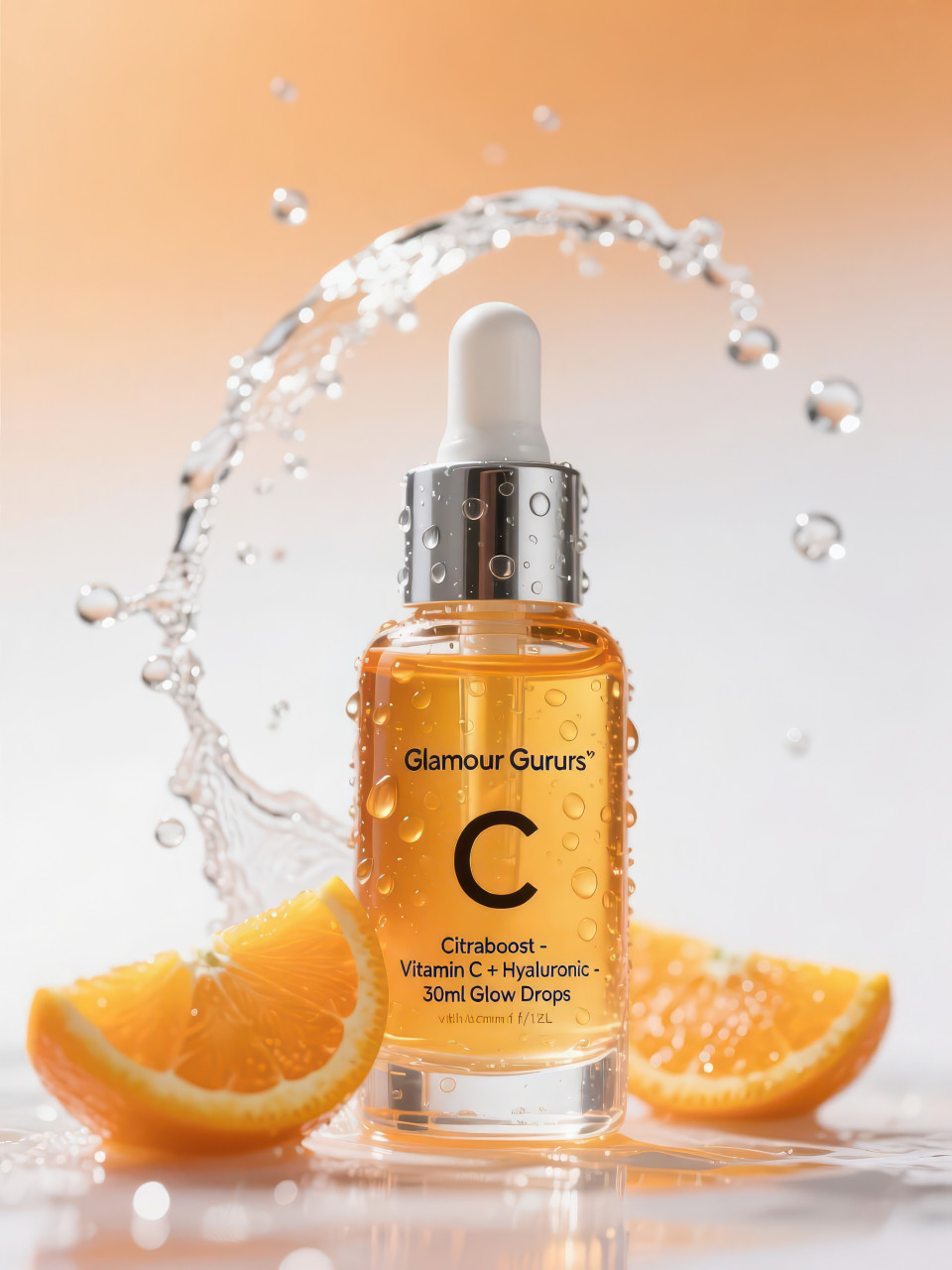 Vitamin c serum bottle with citrus water splash and fresh orange slices, bright summer skincare refresh scene, cosmetic products chat gpt prompts