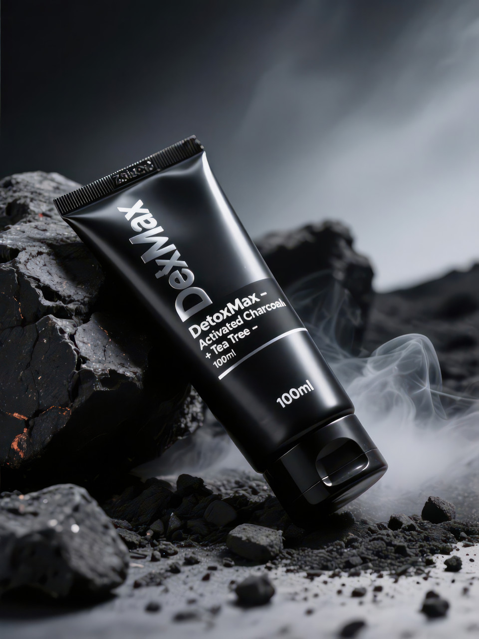 Black charcoal mask tube on rugged volcanic rocks with ash and mist, bold masculine style for skincare ads using cosmetic products chat gpt prompts
