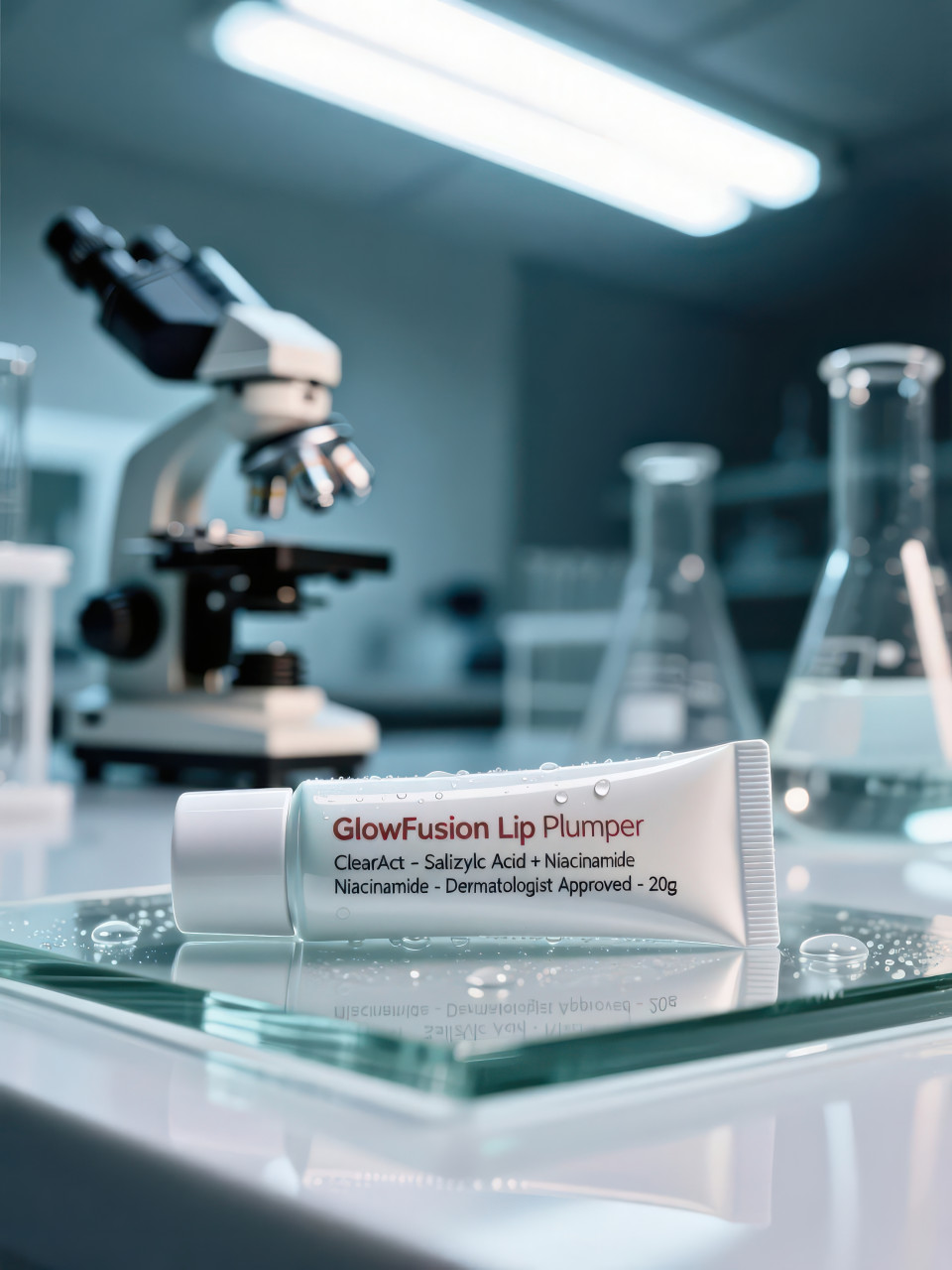 Clean anti acne gel tube on glass with lab tools blurred behind, cold white light adds clinical trust for skincare ads with cosmetic products chat gpt prompts