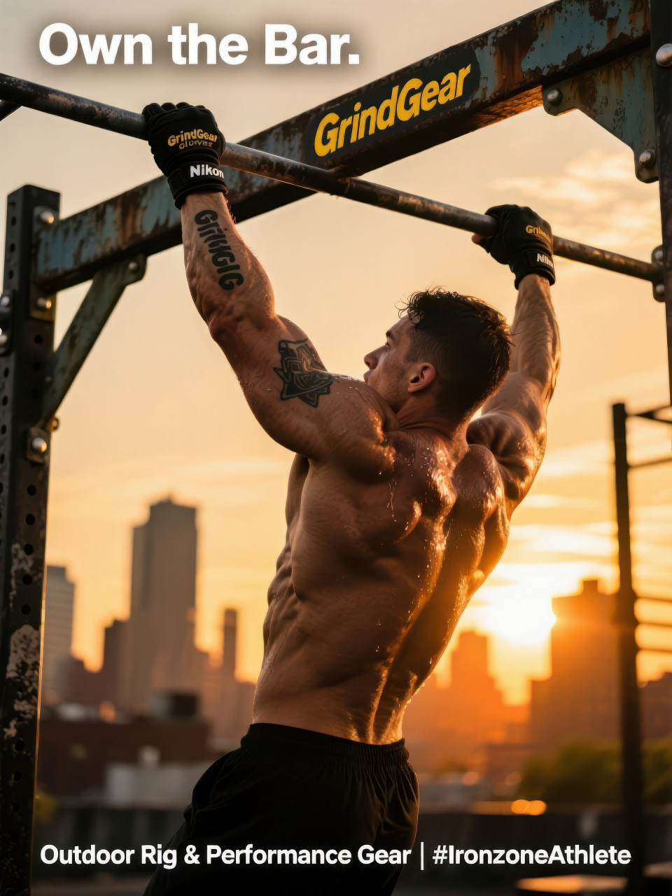 Crossfit athlete at top of pull up on outdoor rig with sunset city view, strength and endurance training in golden light, fitness products chat gpt prompts