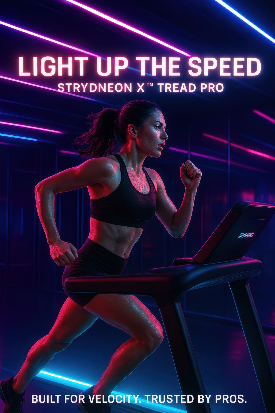 Female athlete sprinting on treadmill in neon gym with glowing lights, speed and endurance focus, futuristic workout space, fitness products chat gpt prompts