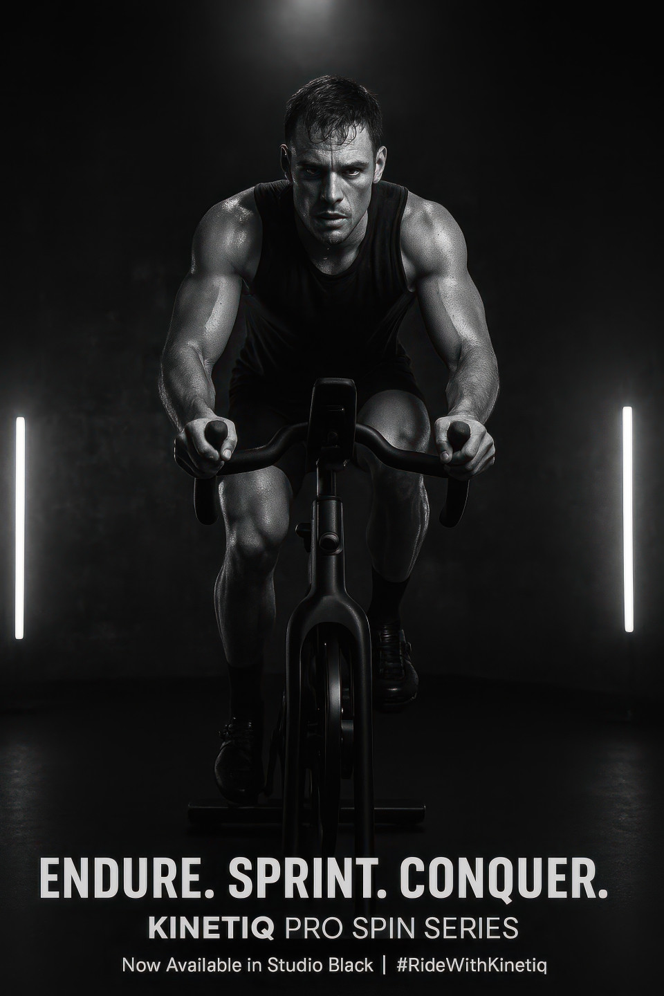 Focused man riding spin bike in dark cycling studio with dramatic spotlight and sweat, endurance and power fitness products chat gpt prompts