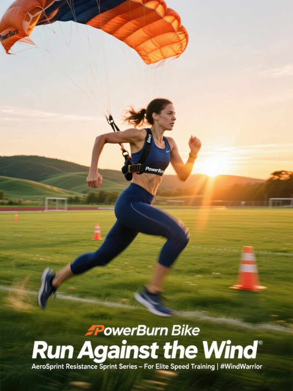Female athlete sprinting with resistance parachute across grassy field at golden sunset, speed and power in motion, fitness products chat gpt prompts