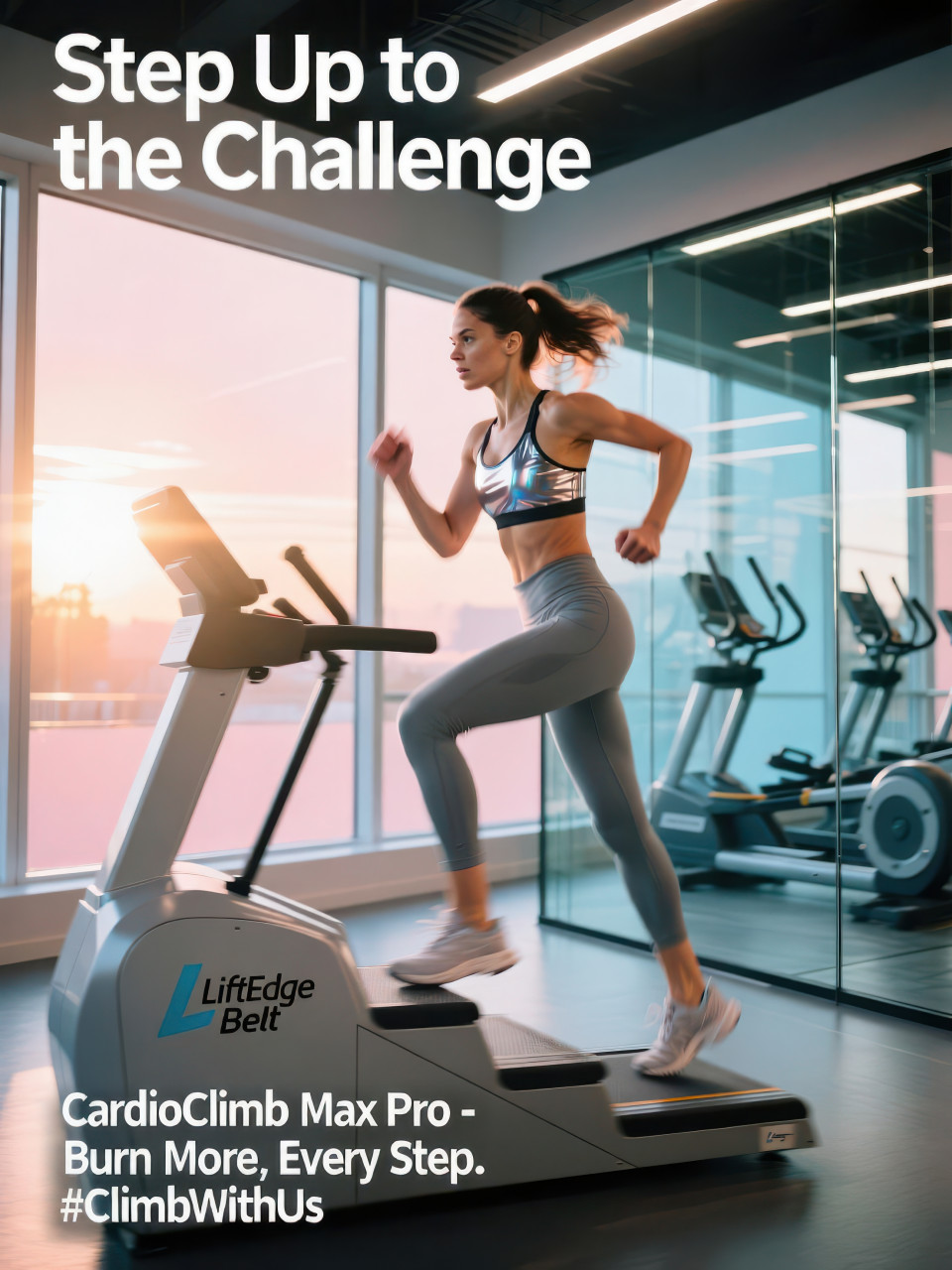 Energetic woman training on stair climber in glass walled gym at sunrise with warm light and cardio focus fitness products chat gpt prompts