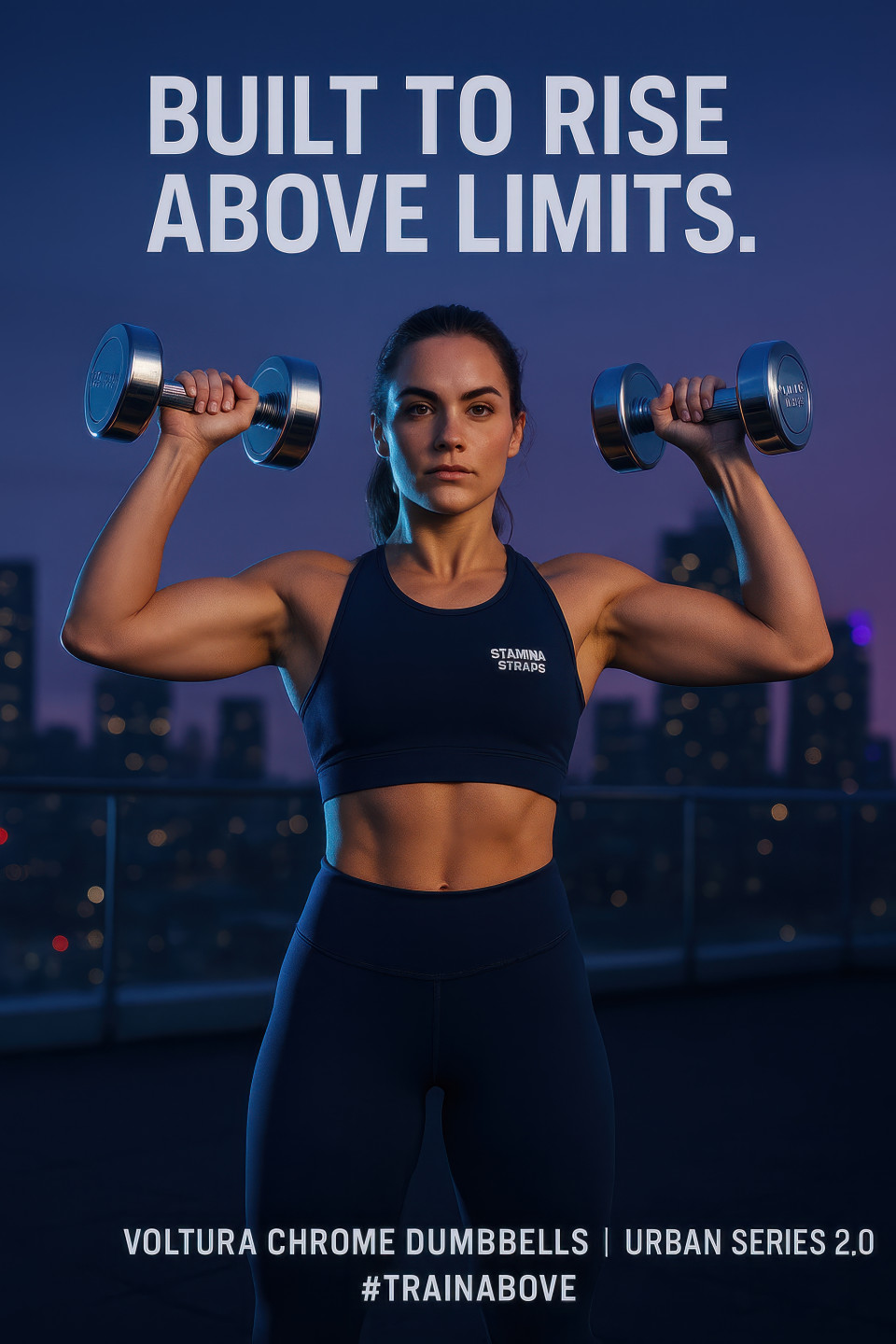 Confident woman lifting dumbbells on rooftop gym at dusk with city skyline behind her, strength and focus fitness products chat gpt prompts