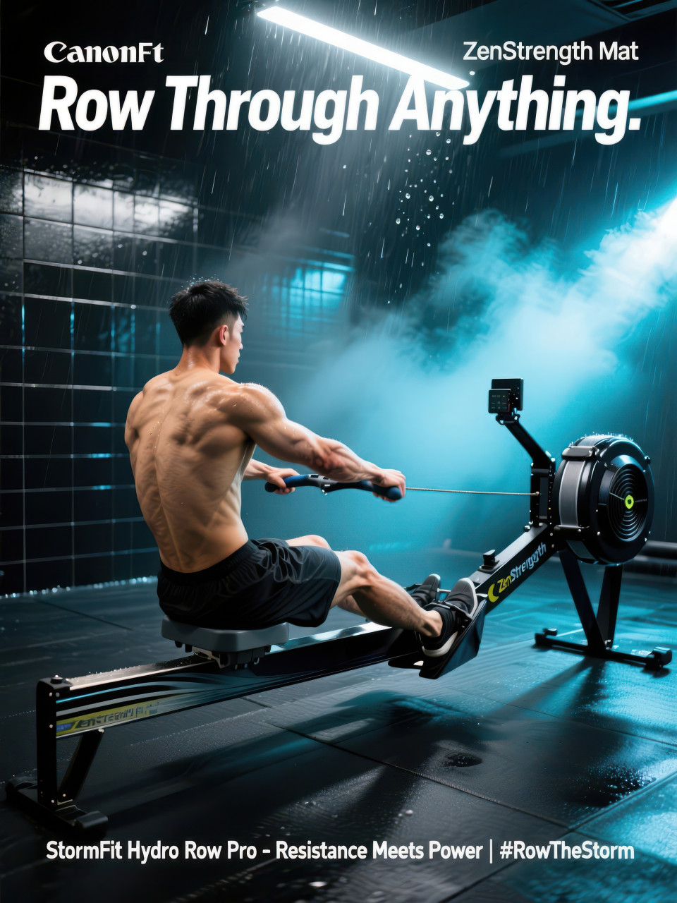 Strong man rowing hard on machine in misty gym with dramatic lights, rain effect adds power and intensity, endurance fitness products chat gpt prompts training