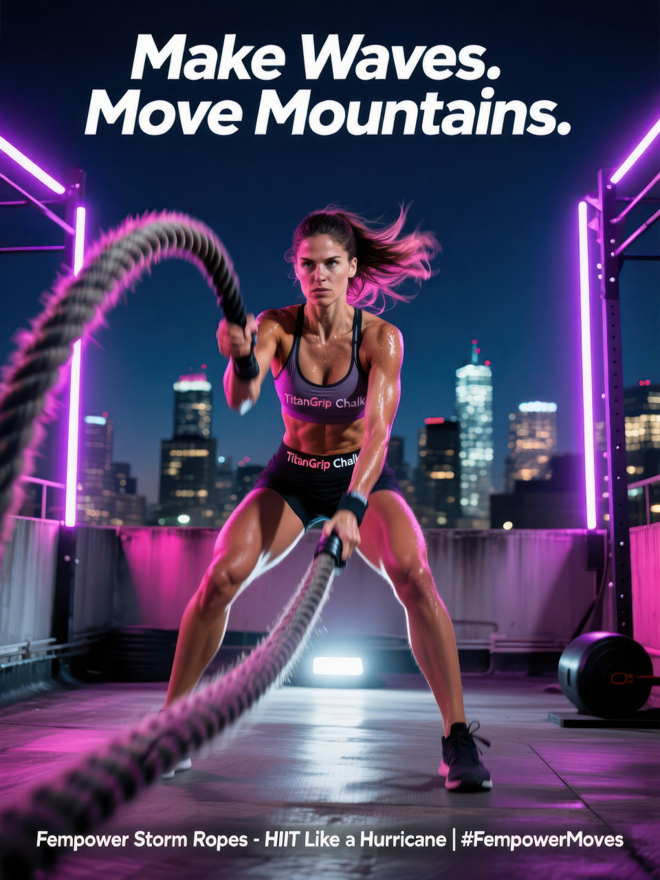Female athlete slamming battle ropes on rooftop gym at night, glowing skyline behind her, fierce energy, urban hiit training concept, fitness products chat gpt prompts