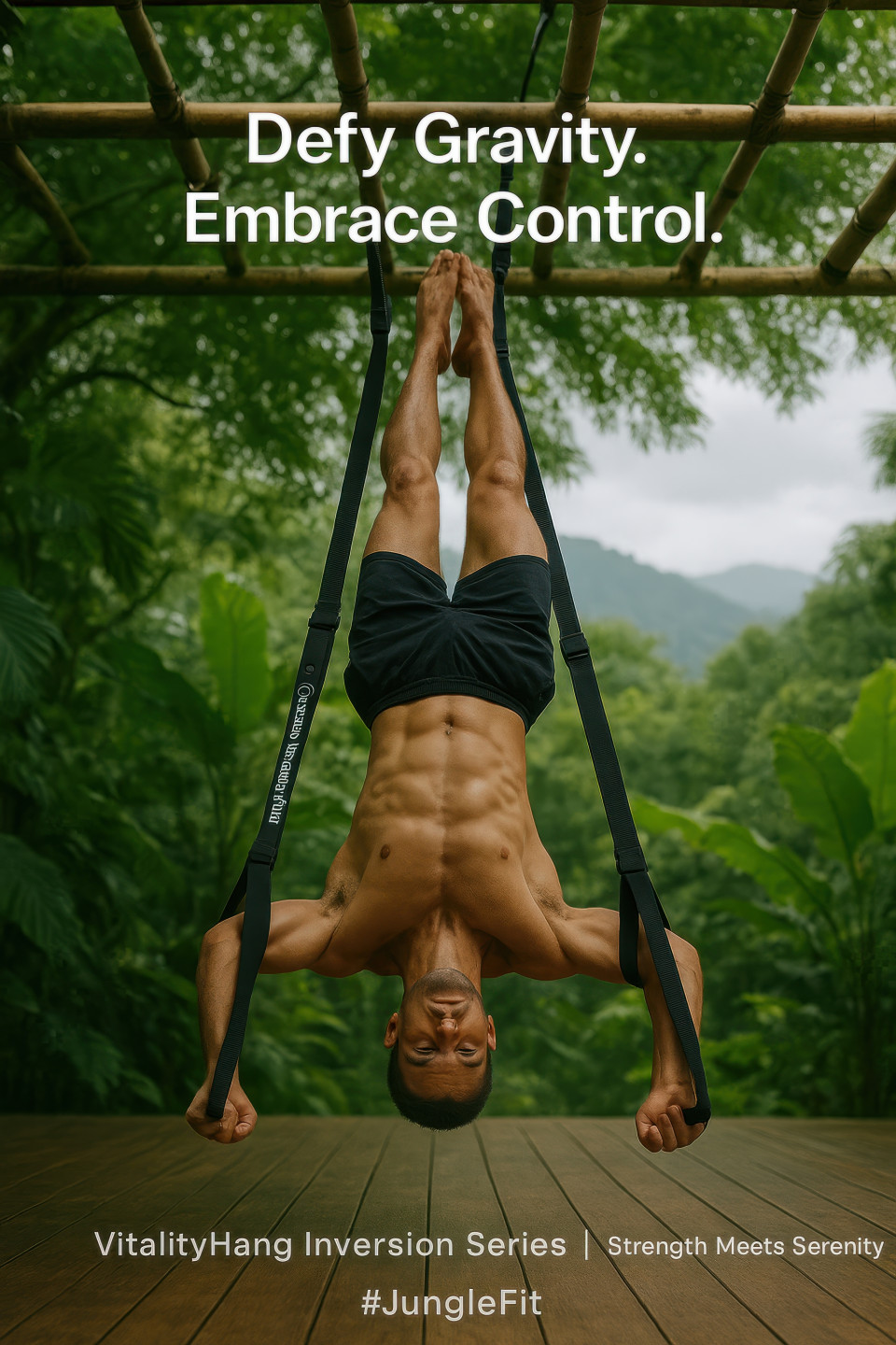 Male athlete hanging upside down using suspension straps in a tropical jungle retreat, showing strength, balance, and calm, fitness products chat gpt prompts