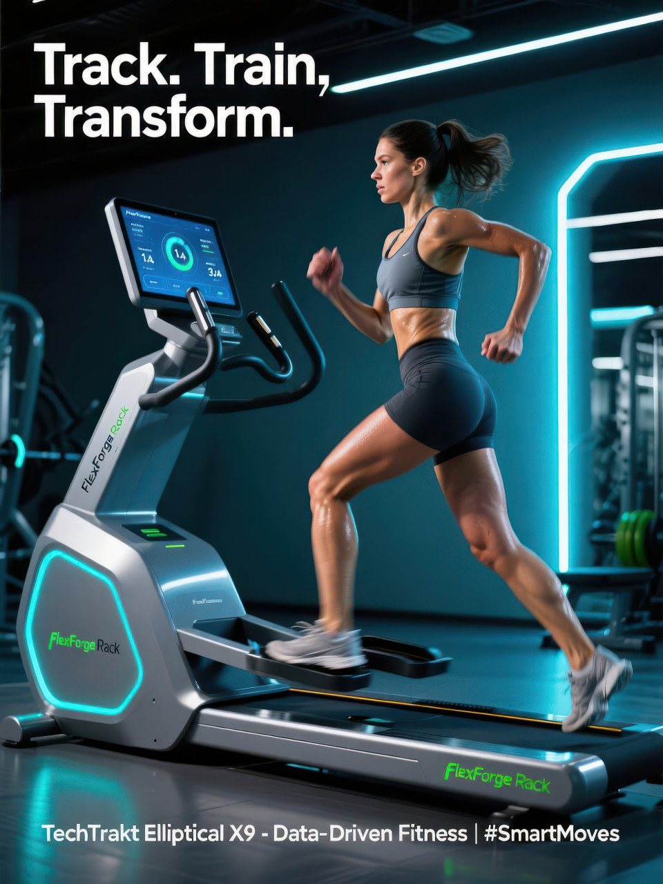 Focused woman mid stride on elliptical cross trainer, glowing digital screen and smart gym lights highlight modern fitness products chat gpt prompts technology