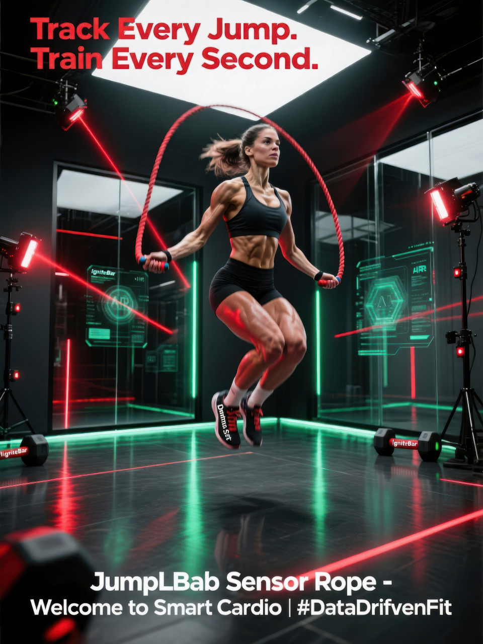 Female athlete mid air jump rope in motion capture studio, led sensors track movement, futuristic cardio training with data, fitness products chat gpt prompts