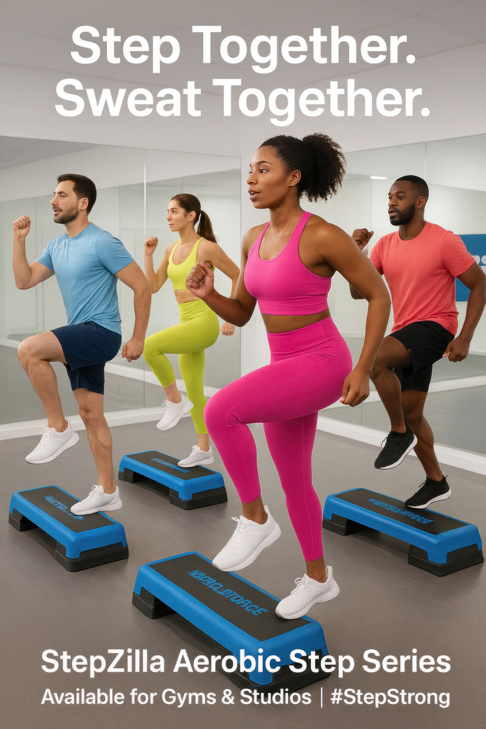 Diverse athletes performing synchronized step ups in a mirrored dance fitness studio with bright energy and rhythm, fitness products chat gpt prompts