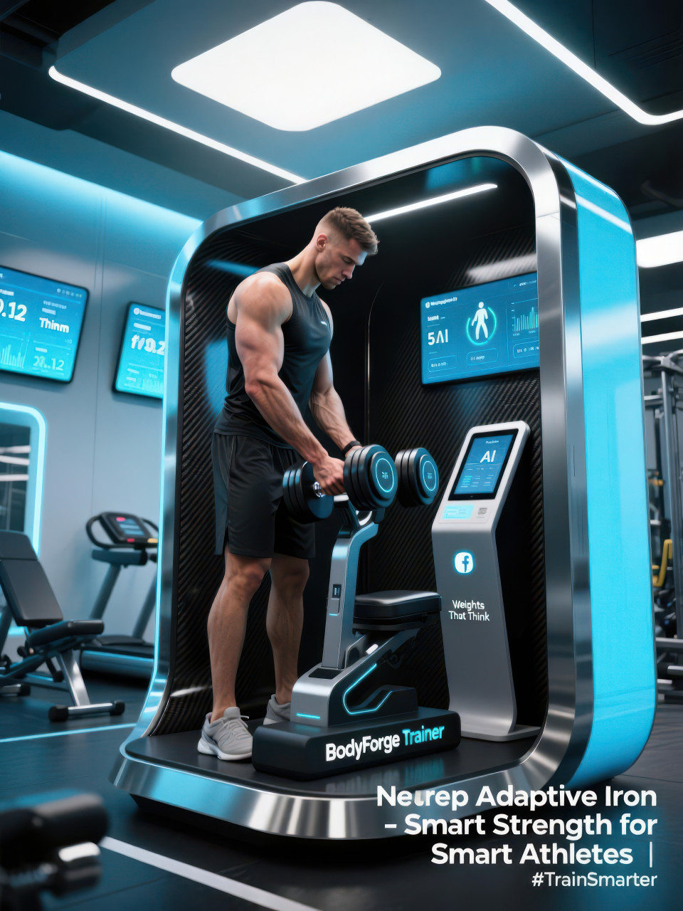 Male trainer adjusting smart dumbbells in futuristic gym pod, screens show stats, focused modern workout with ai strength tech, fitness products chat gpt prompts