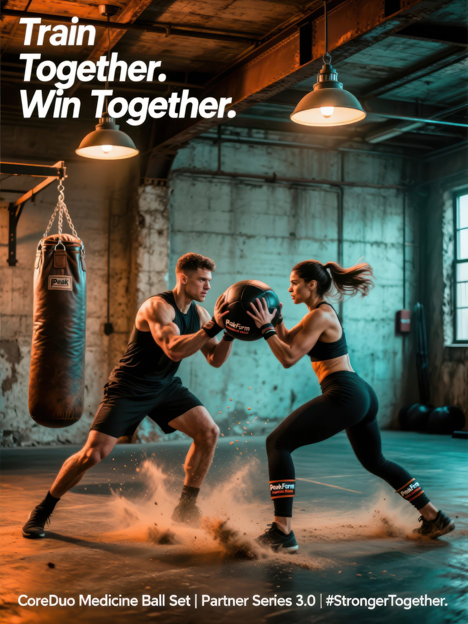 Man and woman twisting with medicine ball together in rustic warehouse gym, teamwork and strength fitness products chat gpt prompts
