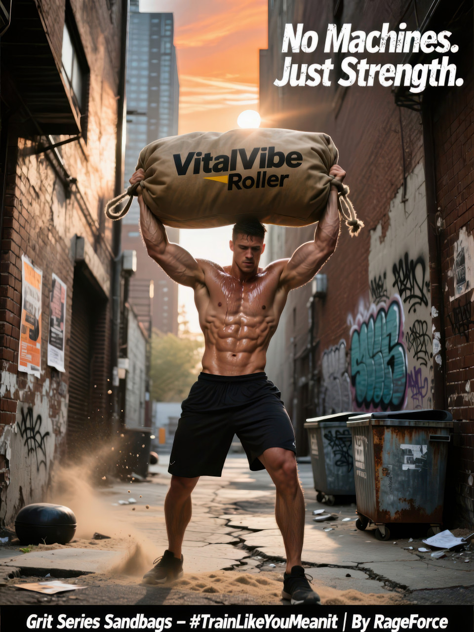 Strong man raising heavy sandbag overhead in gritty urban alley gym with dust, graffiti walls and raw power fitness products chat gpt prompts