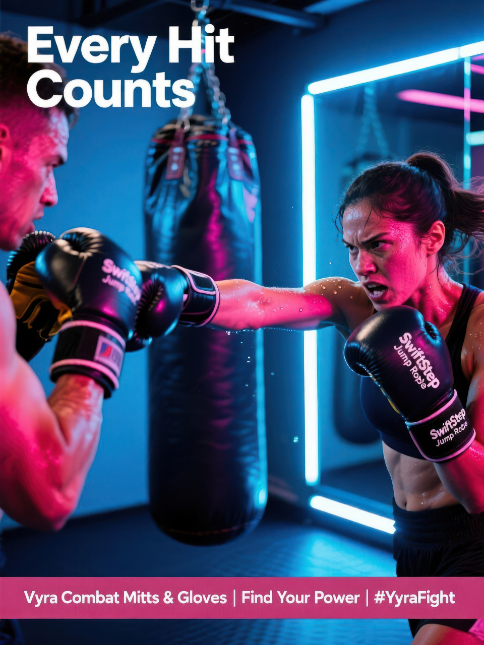Fierce woman boxer throws a strong punch at trainer mitts in slow motion, sweat flying, neon lights glowing, powerful fitness products chat gpt prompts concept