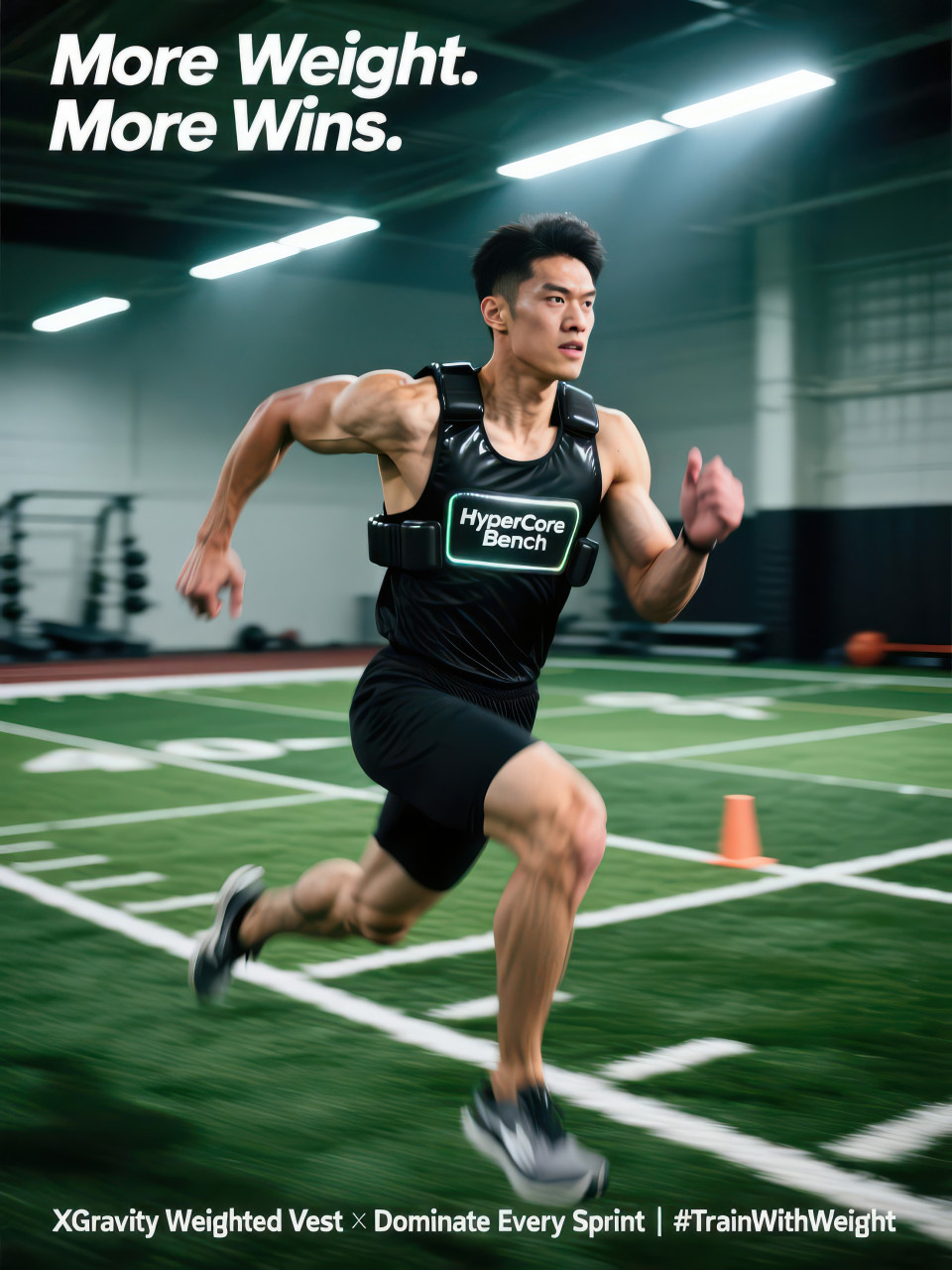 Athlete in black weighted vest sprinting fast on indoor turf, muscle definition sharp, motion blur shows speed, training with fitness products chat gpt prompts focus