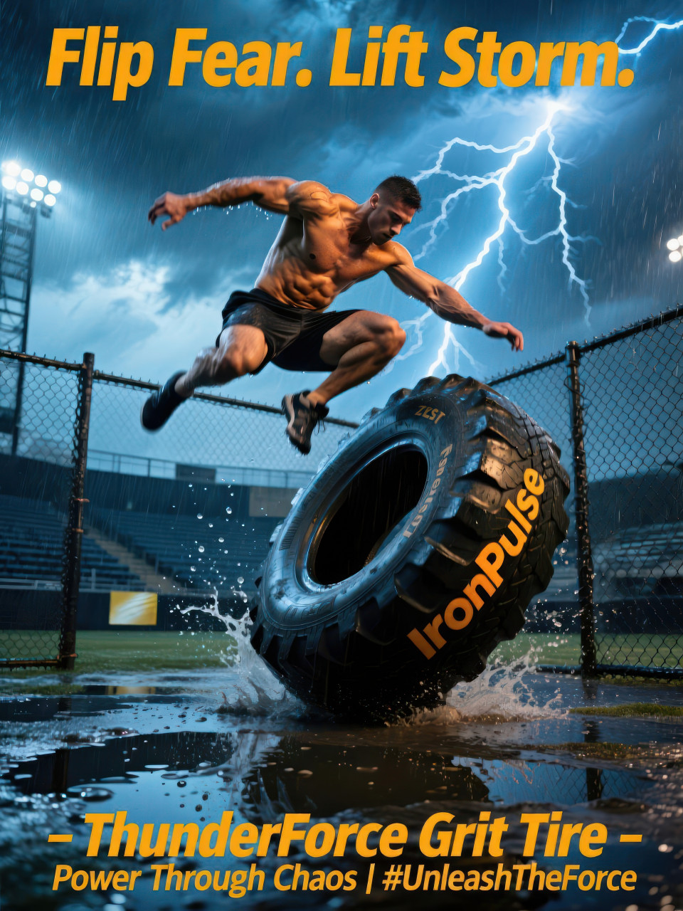 Male athlete flipping a giant tire in a rain soaked outdoor arena under storm skies, symbolizing grit and raw strength, fitness products chat gpt prompts