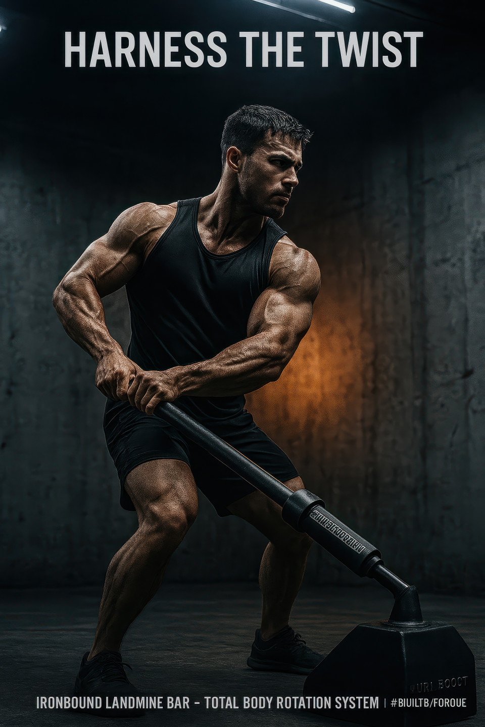Muscular male athlete twisting with landmine bar, low angle view shows power and torque, gritty gym style, total body rotation workout, fitness products chat gpt prompts
