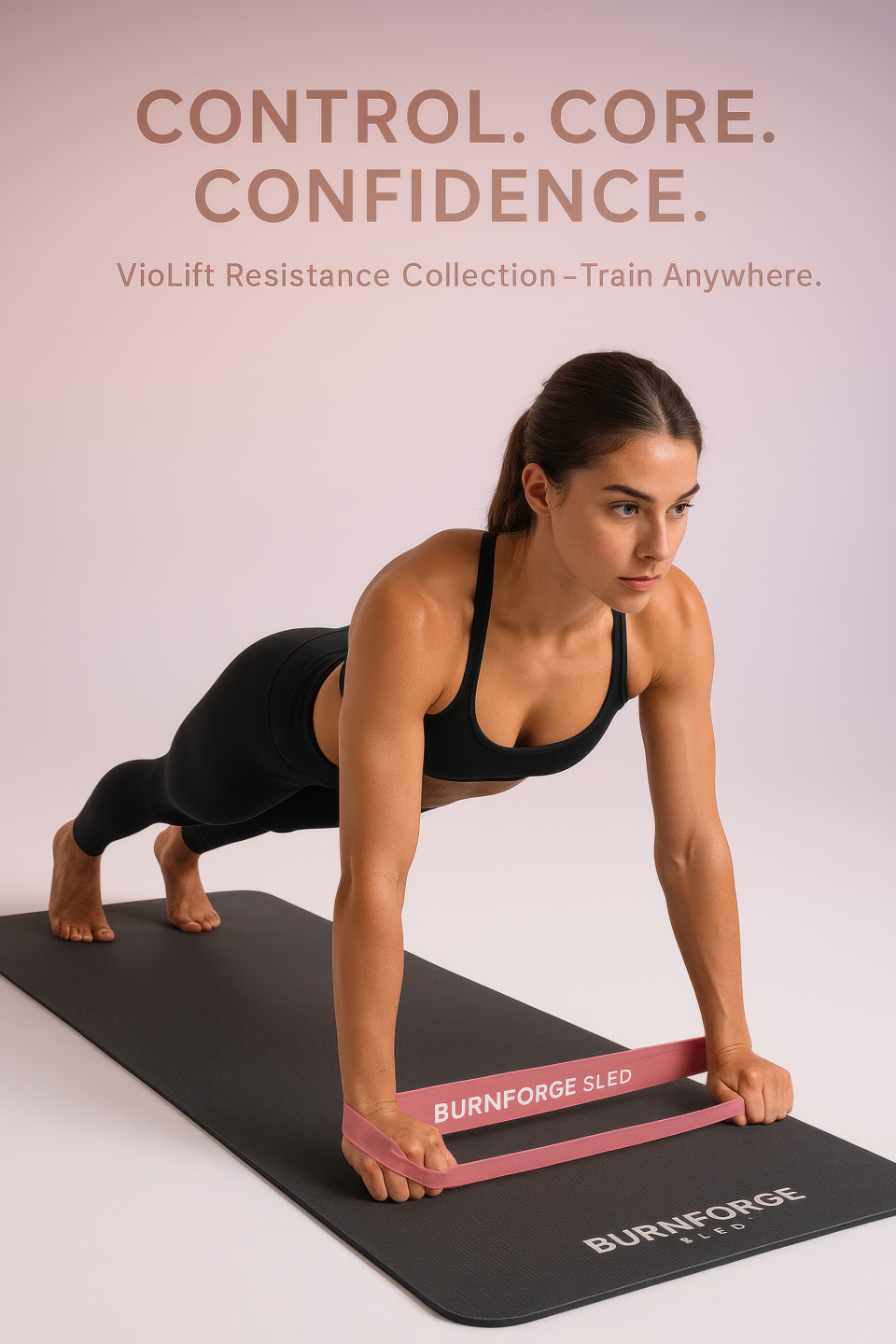Young woman on mat using resistance band in plank pose showing toned abs and strength in bright studio with soft lighting and white backdrop, fitness products chat gpt prompts