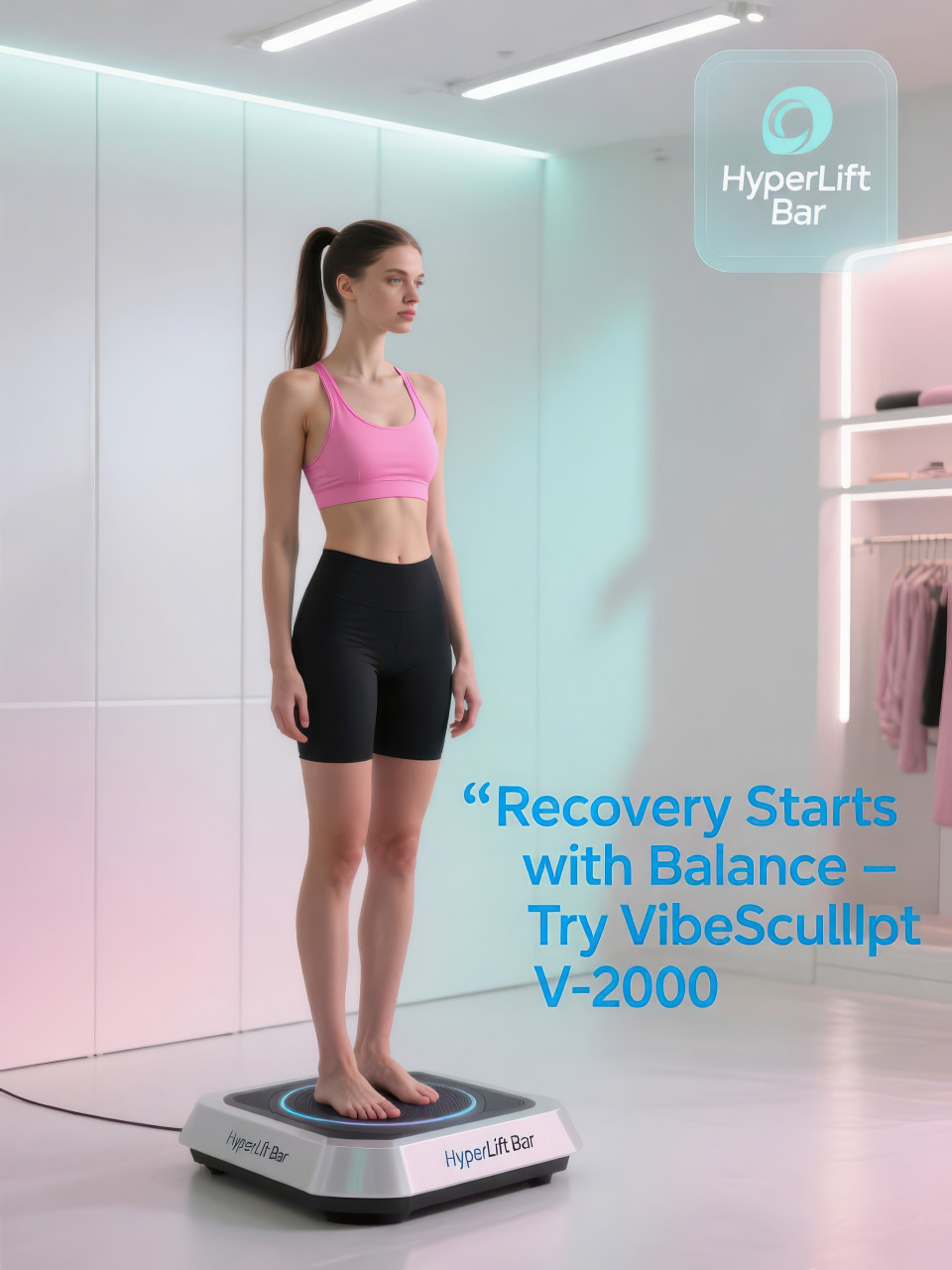 Woman with high ponytail stands barefoot on vibration platform in pink sports bra and black shorts, calm wellness vibe, fitness products chat gpt prompts