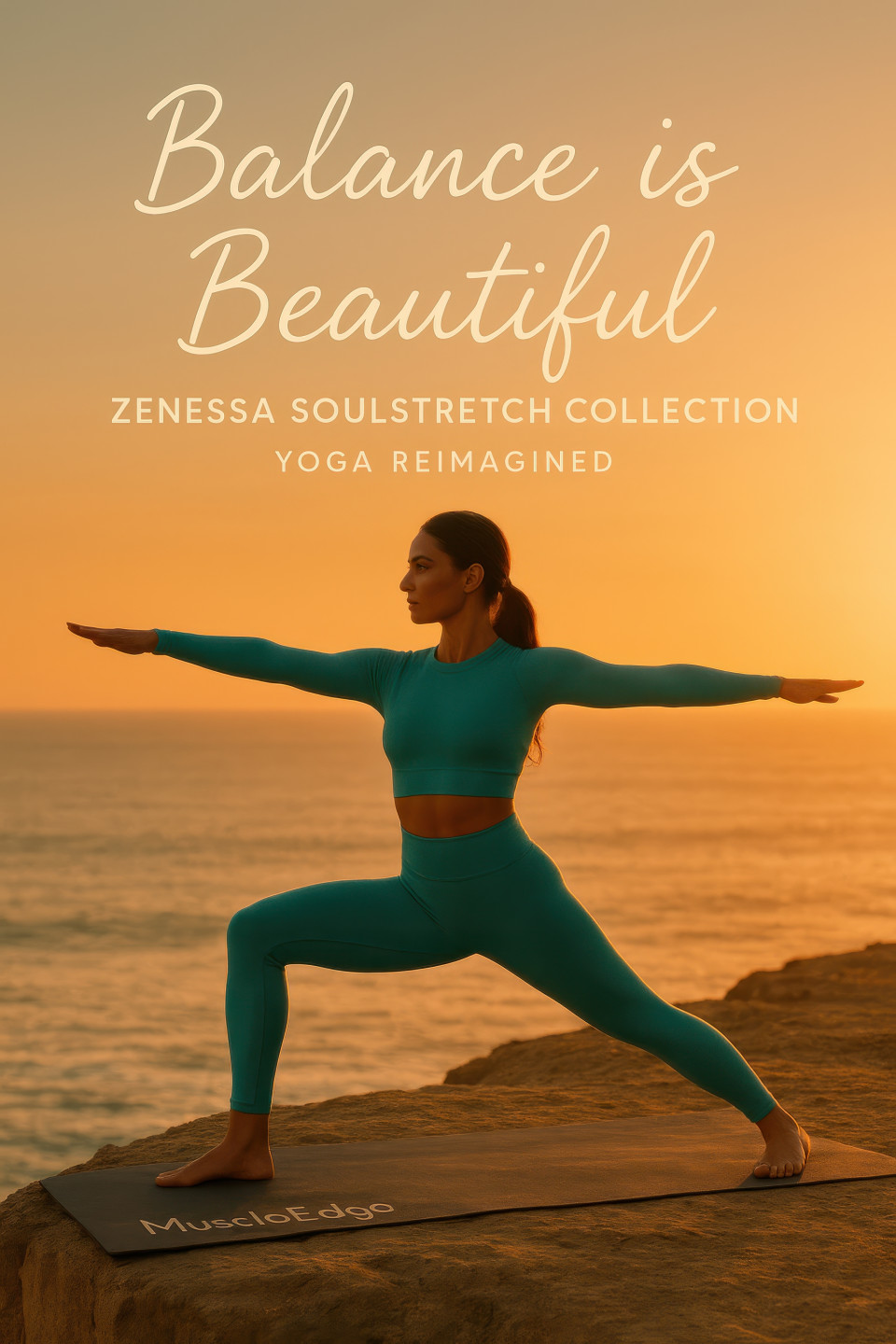 Female yoga instructor in turquoise set holds warrior pose on cliffside at sunset with ocean horizon and glowing golden sky, calm balance, fitness products chat gpt prompts