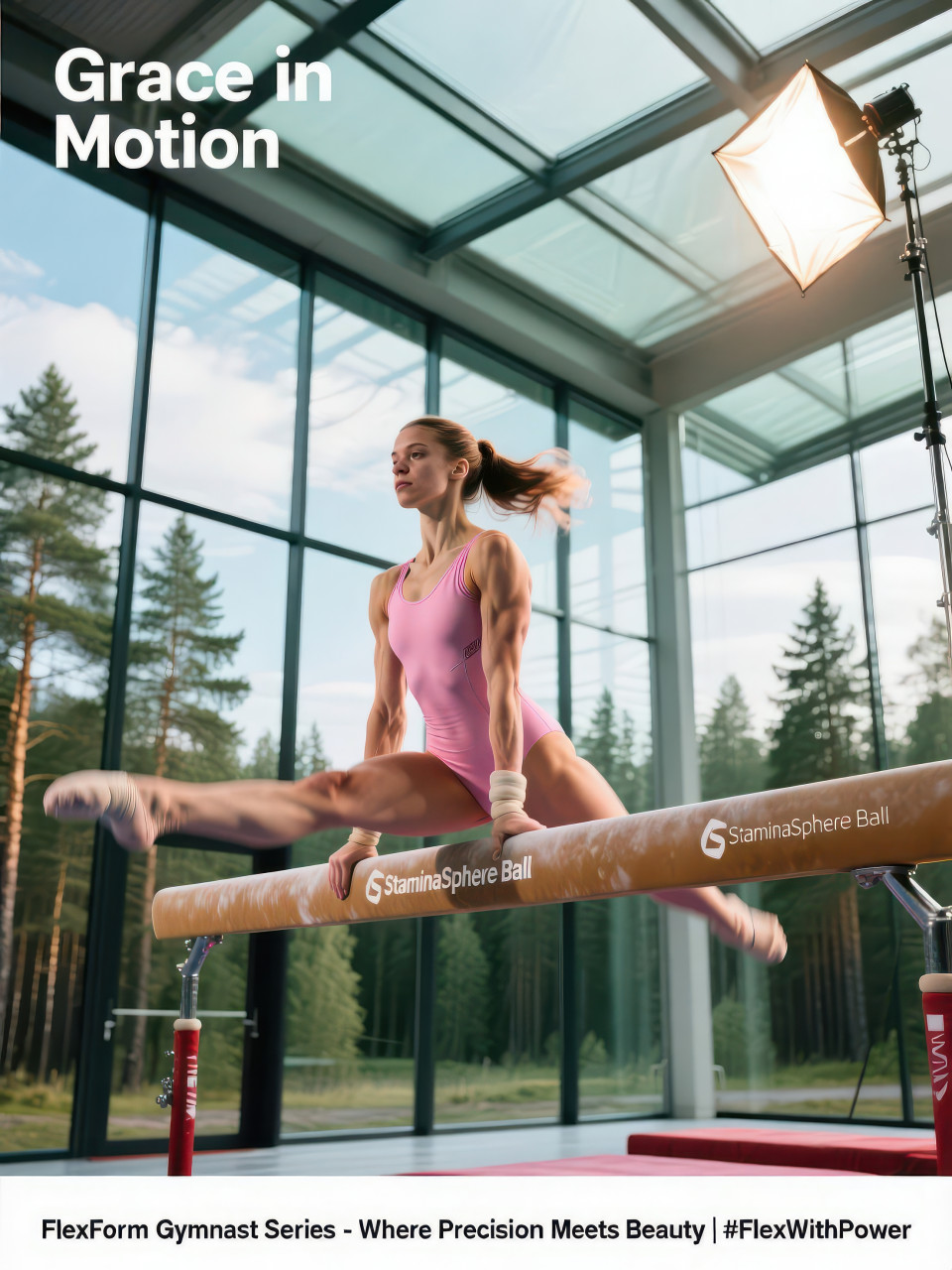 Focused female gymnast swings on parallel bars in glass gym with forest view, showing balance, grace and strength, fitness products chat gpt prompts for athletes
