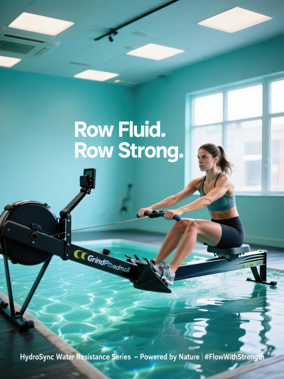 Calm female athlete rows indoors on water machine in aqua studio, smooth motion and strength in harmony, fitness products chat gpt prompts for endurance training